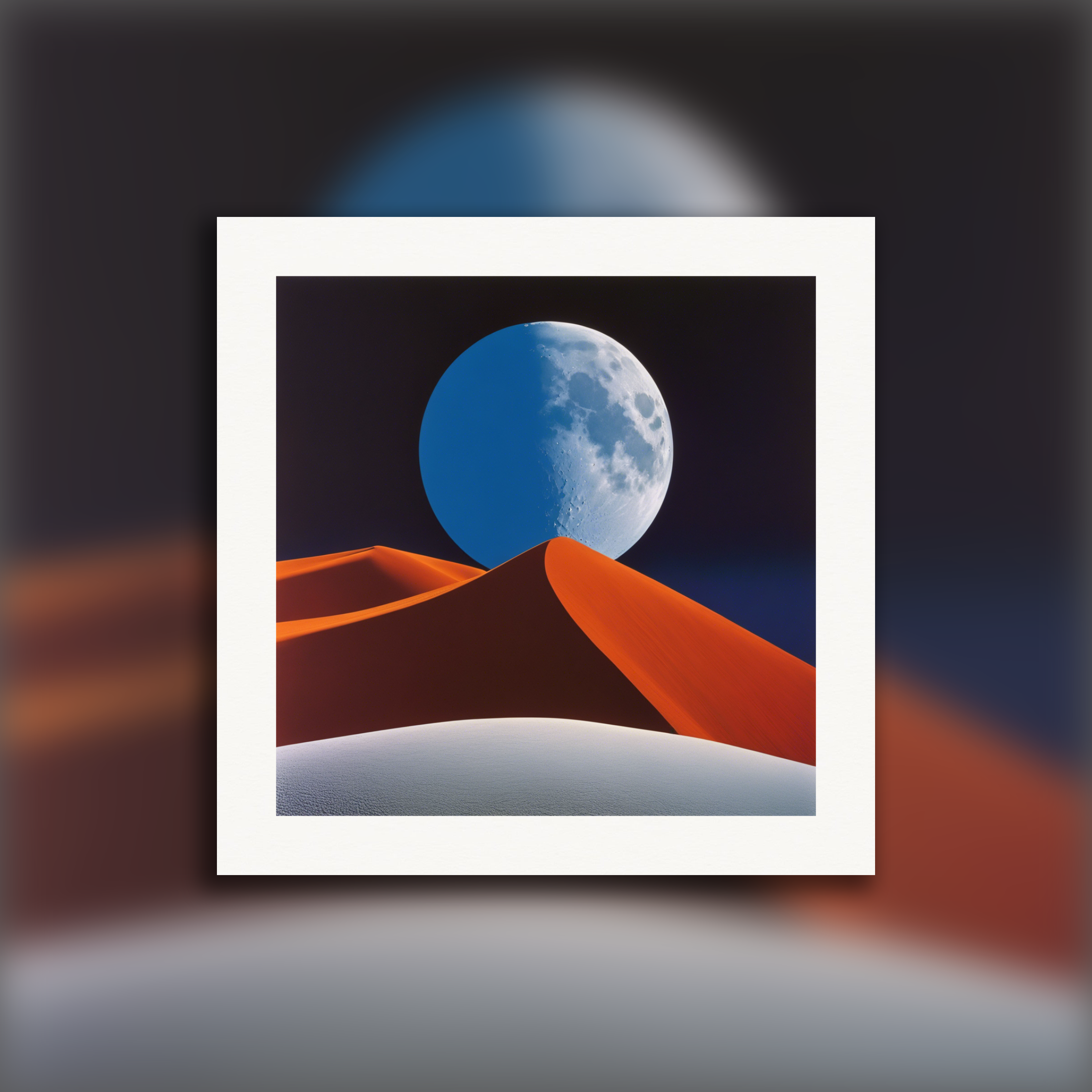 Farbenfrohe, abstrakte Kunstwerke mit geometrischen Mustern in Naturszenen, Mond