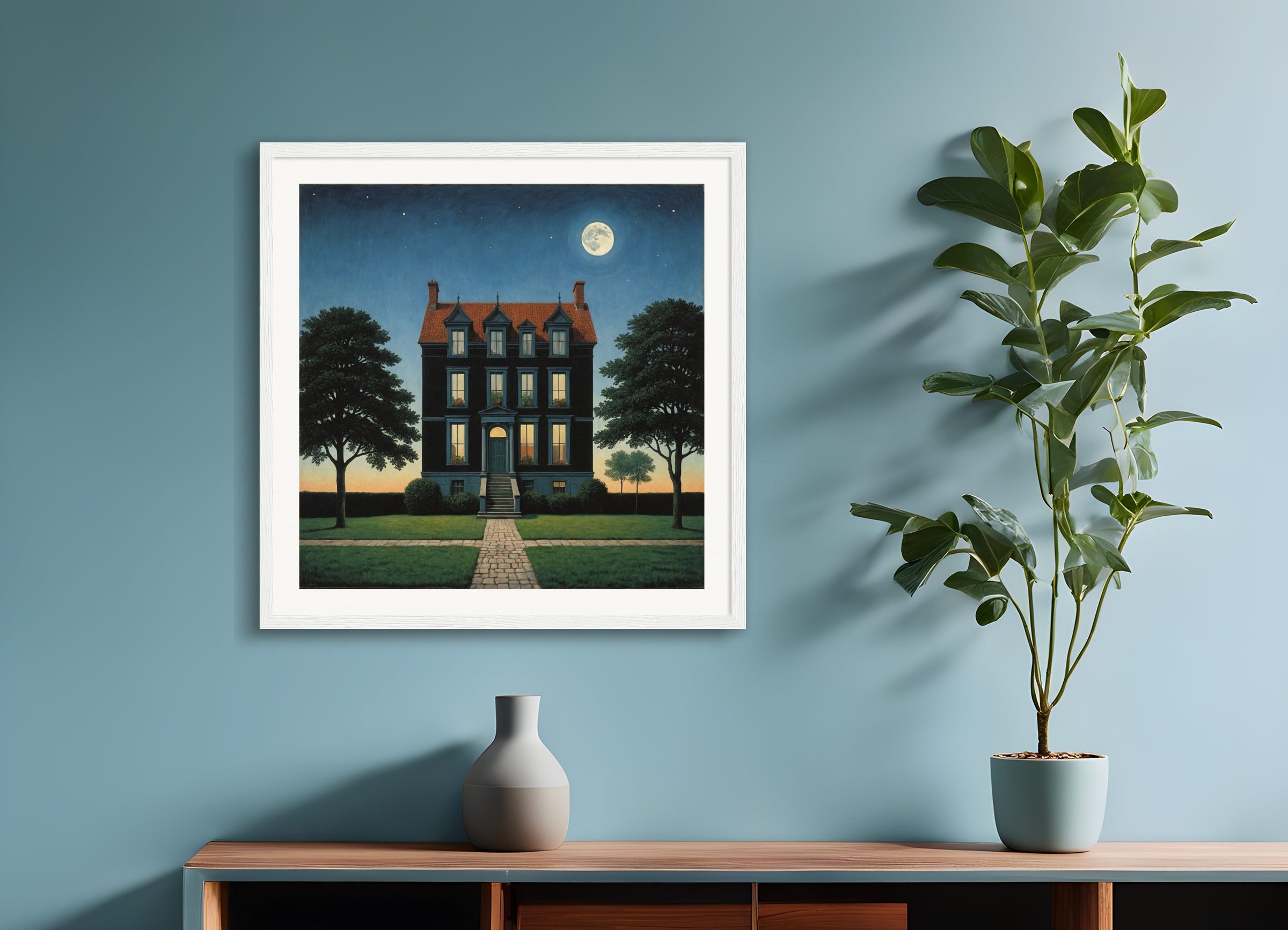 Poster with wood frame: Belgian surrealism, A house in day and night