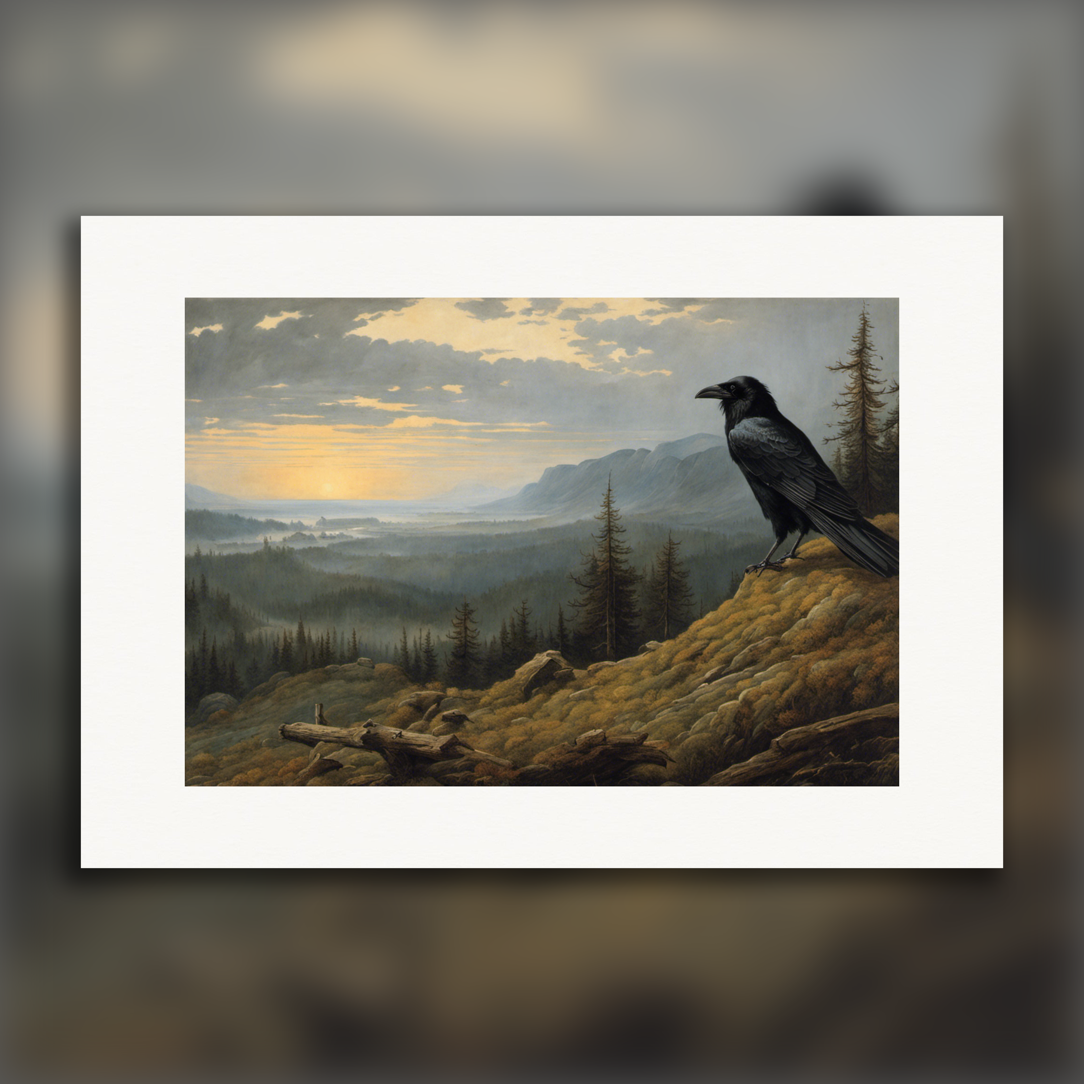 Beeindruckende Naturkulissen, die zur inneren Ruhe anregen, mit einem Raben – poster