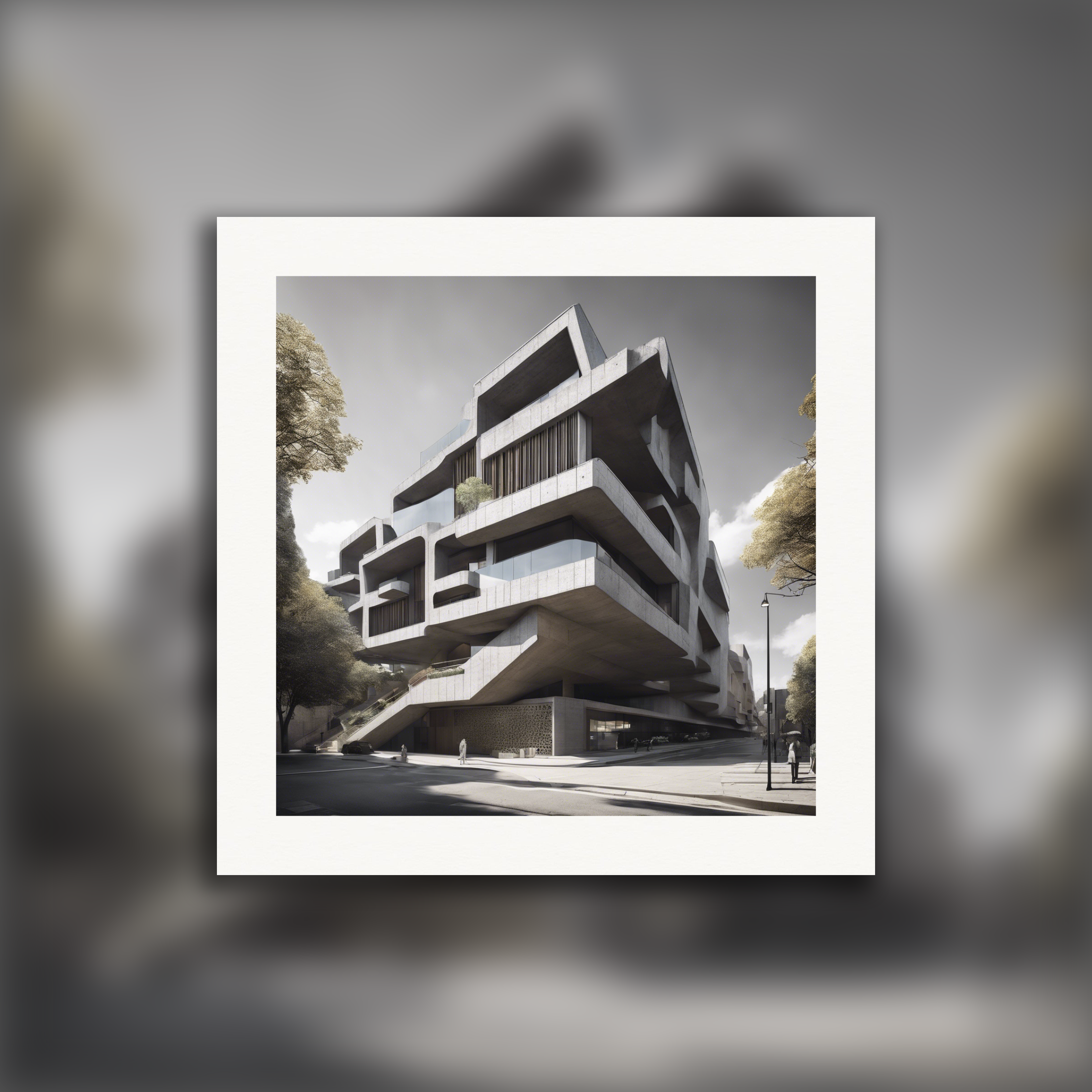 Poster im Stil des Spätmodernismus mit brutalistischer Architektur