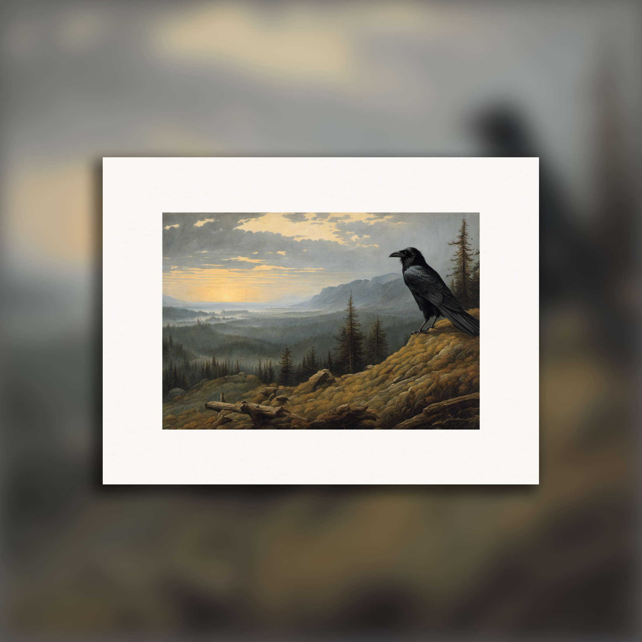 Beeindruckende Naturkulissen, die zur inneren Ruhe anregen, mit einem Raben – poster