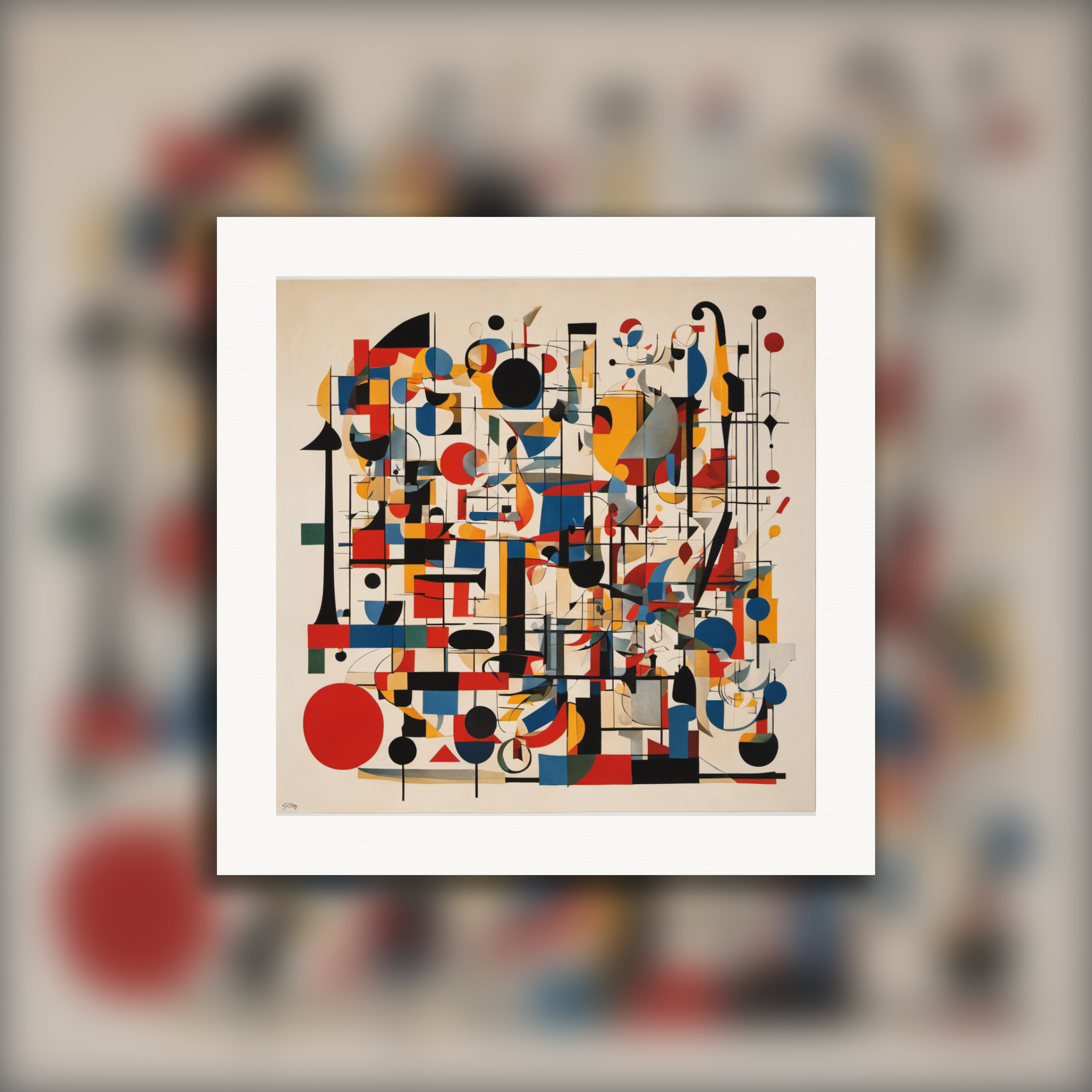 Schwebende Formen treffen auf klare Linien und geometrische Muster – verspielte abstrakte Kunst für österreichische Wohnräume in posters-Design