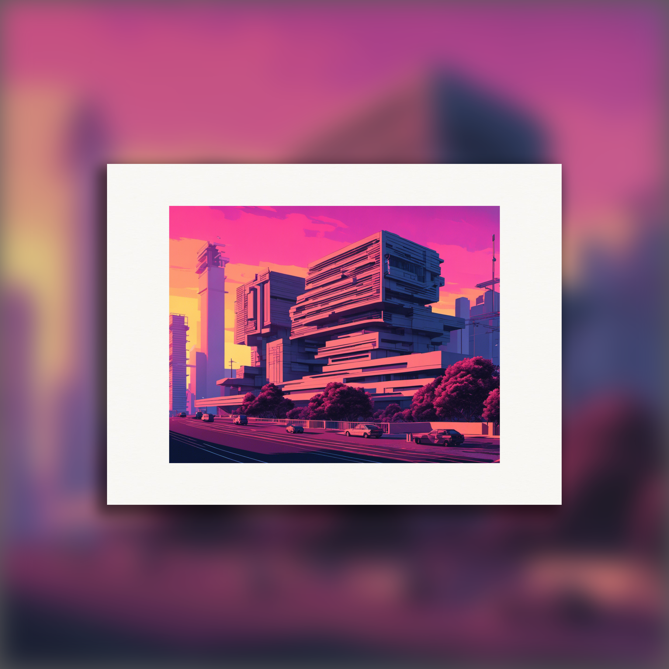 Vaporwave trifft auf brutalistischen Baustil – poster für moderne österreichische Wohnräume