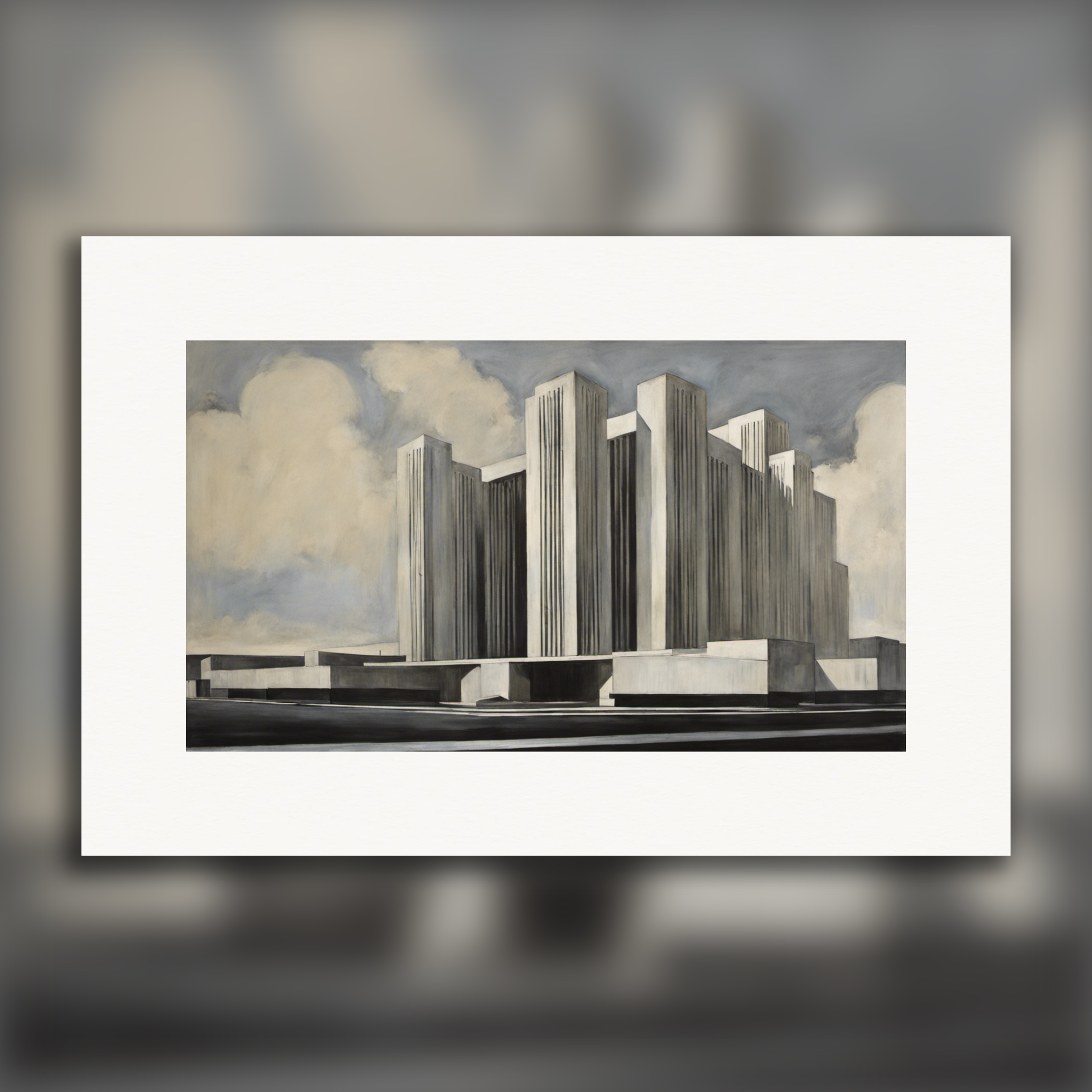 Expressionistische Porträts mit androgynem Stil aus den USA des frühen 20. Jahrhunderts, kombiniert mit markanter brutalistischer Architektur- posters