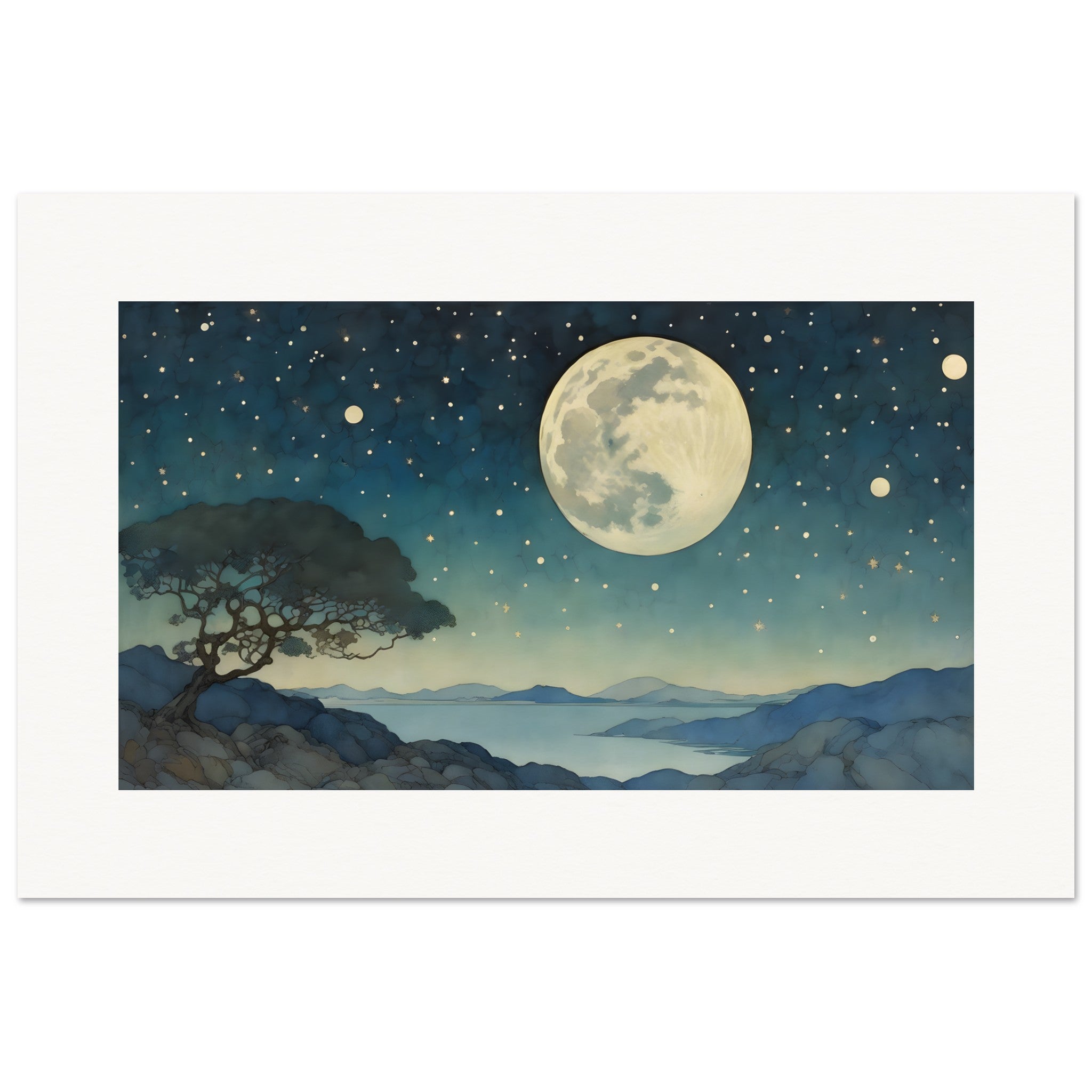 Wunderschöne Grafik mit Mond und funkelndem Sternenhimmel – poster