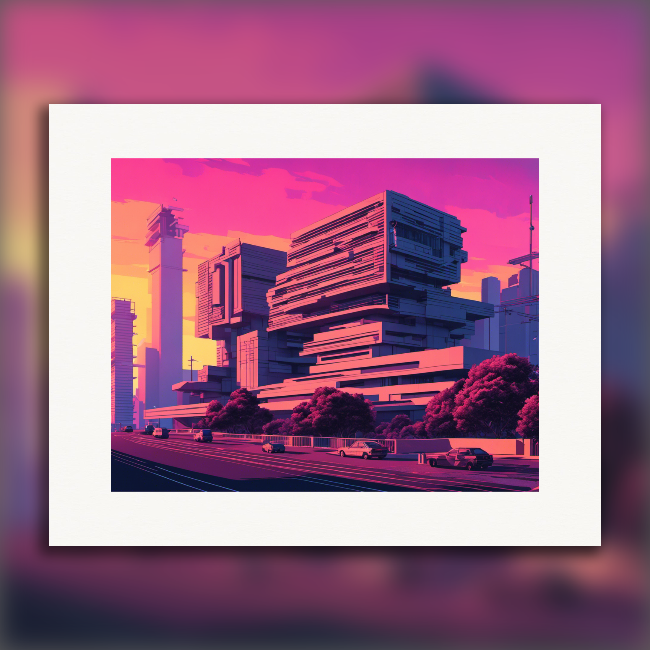 Vaporwave trifft auf brutalistischen Baustil – poster für moderne österreichische Wohnräume