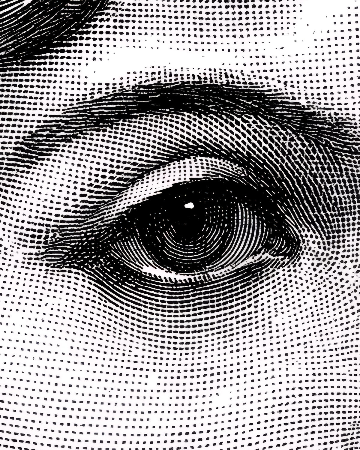 Schwarz-weiße, gerasterte Nahaufnahme eines menschlichen Auges mit Augenbraue und der Hautstruktur des umliegenden Gesichts.