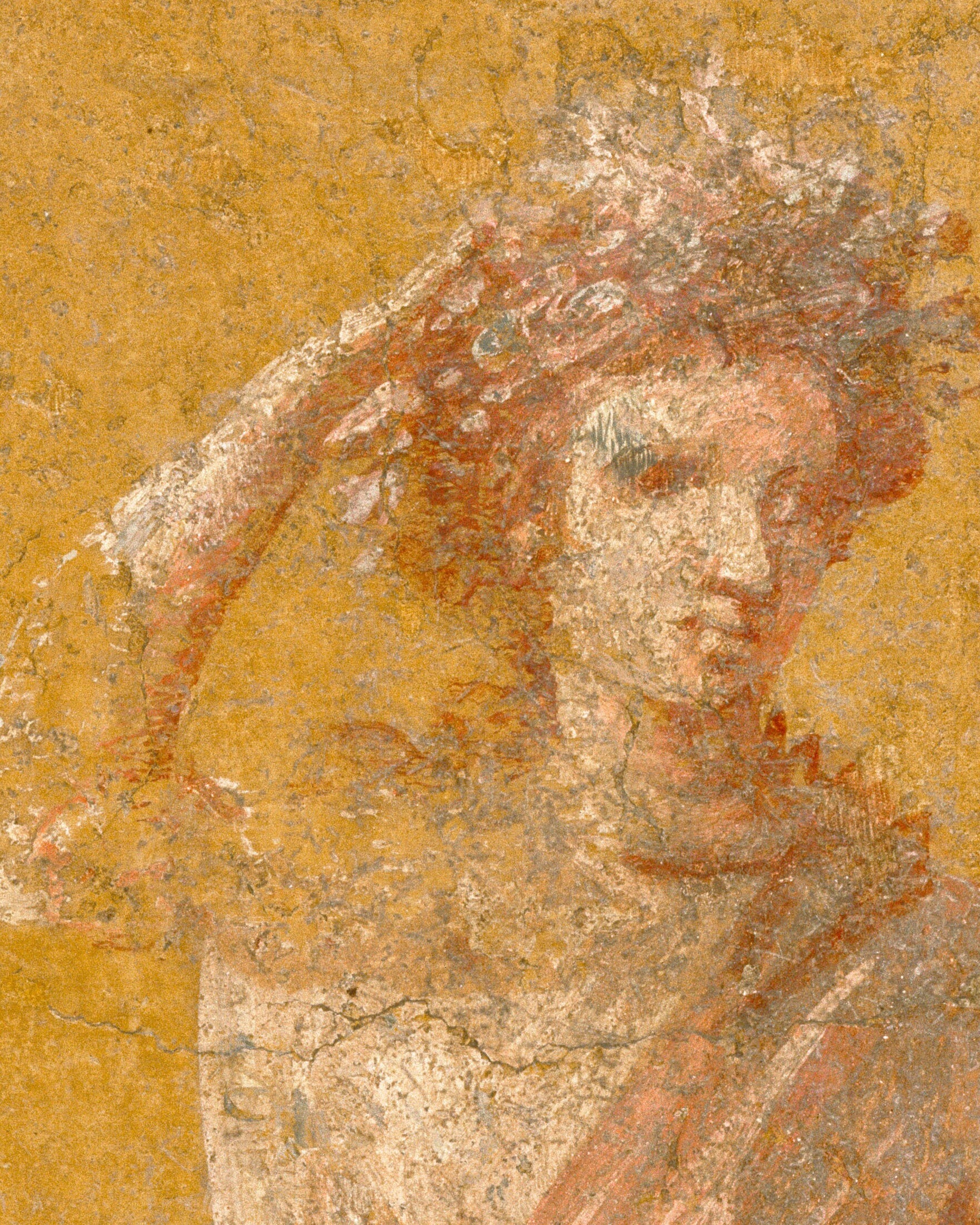 Pompeii fresco of a person with a wreath on a textured yellow background (detail)