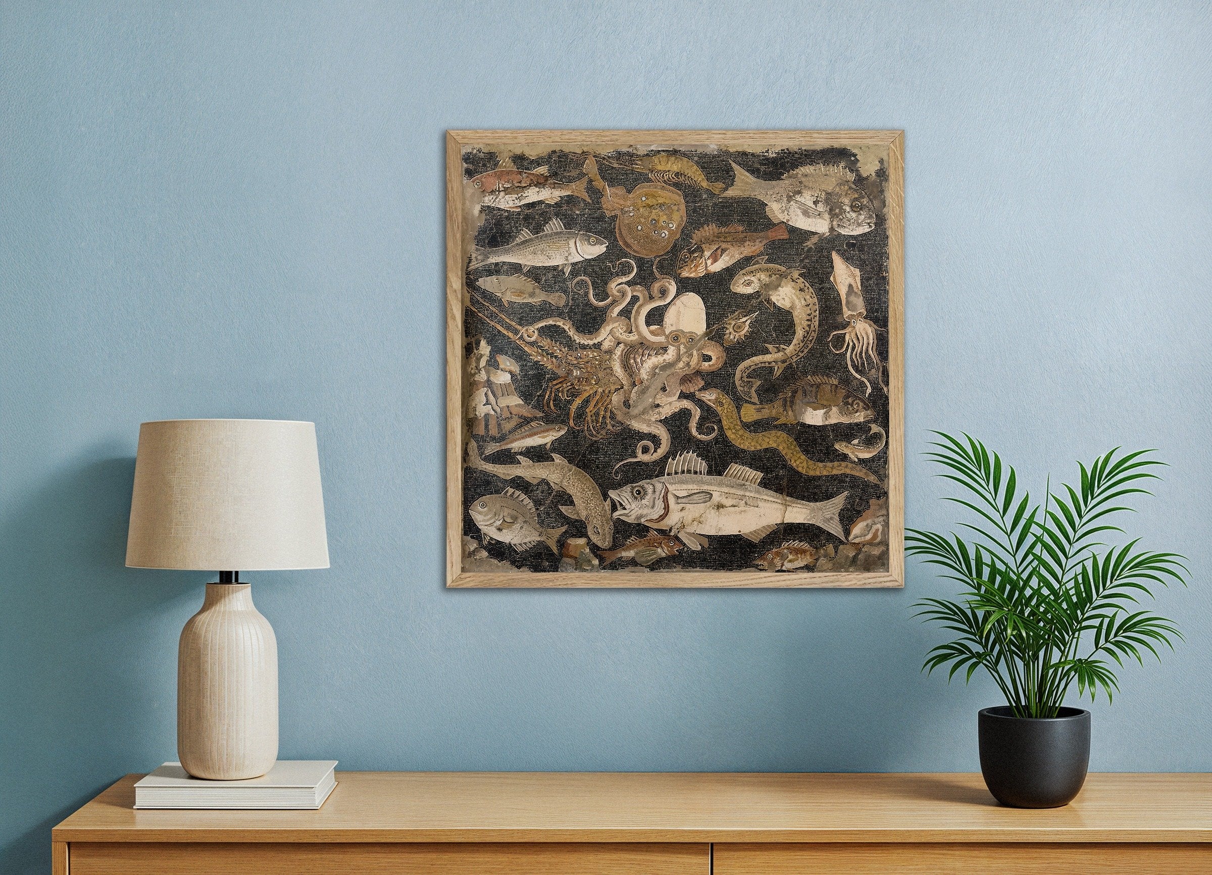 Poster of Ancient Pompeii Marine Life Mosaic - Roman Sea Creatures Art Print, with natural wooden frame