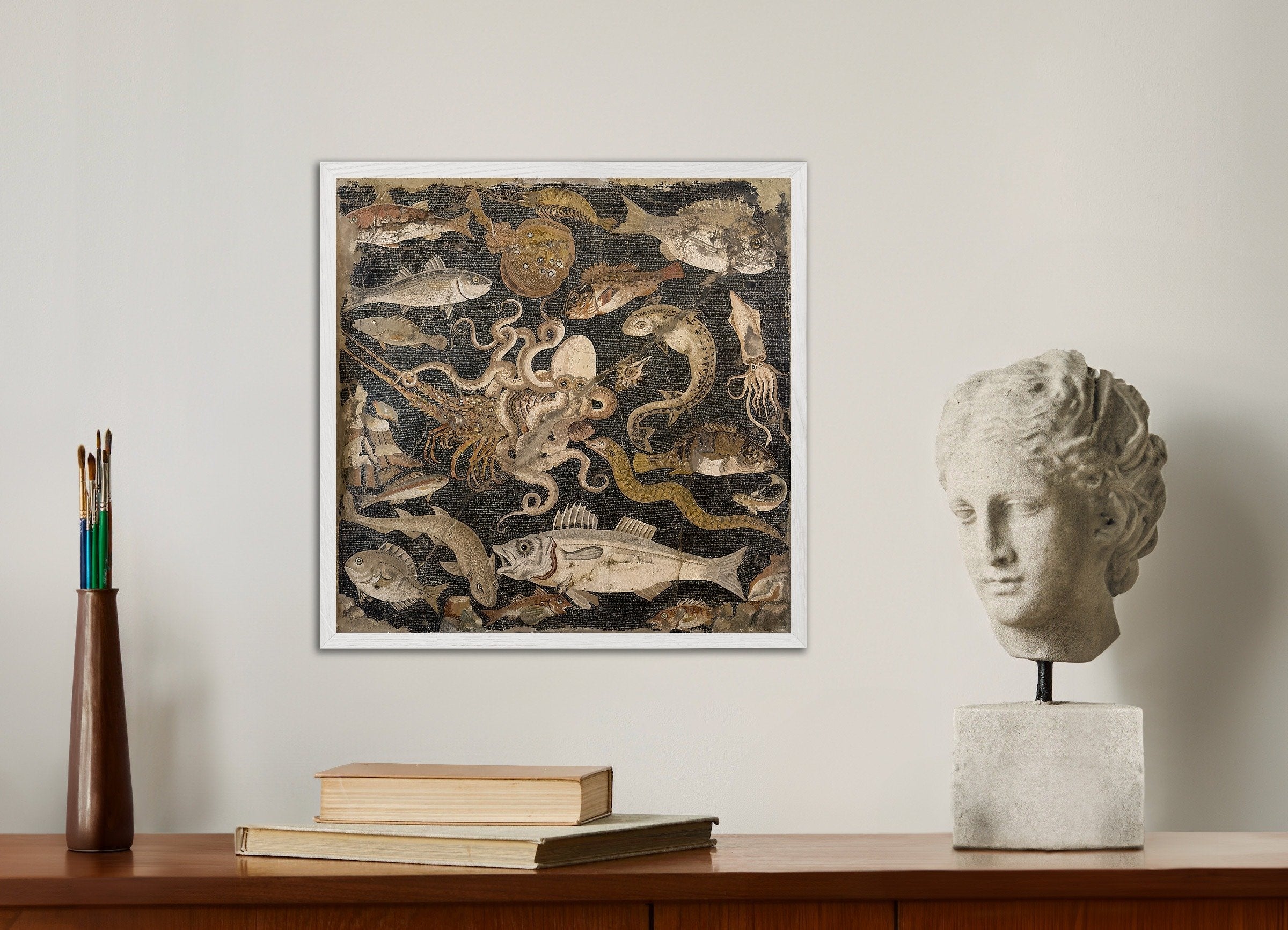 Poster of Ancient Pompeii Marine Life Mosaic - Roman Sea Creatures Art Print, with white wooden frame