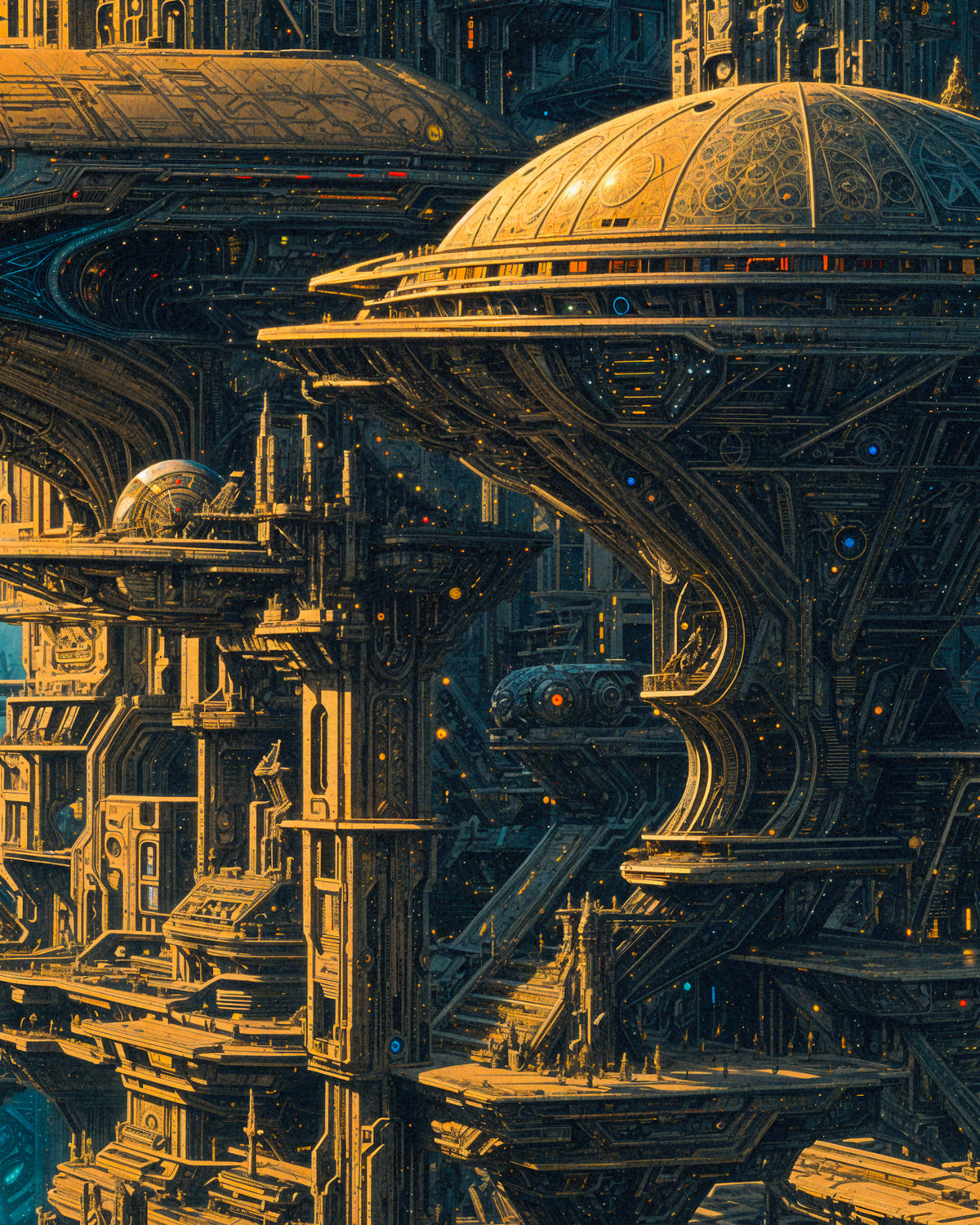 Detaillierte Science-Fiction-Architekturszene mit kunstvollen Kuppeln, hoch aufragenden Bauwerken und filigranen mechanischen Details in warmen Gold- und Brauntönen mit kleinen blau leuchtenden Akzenten.