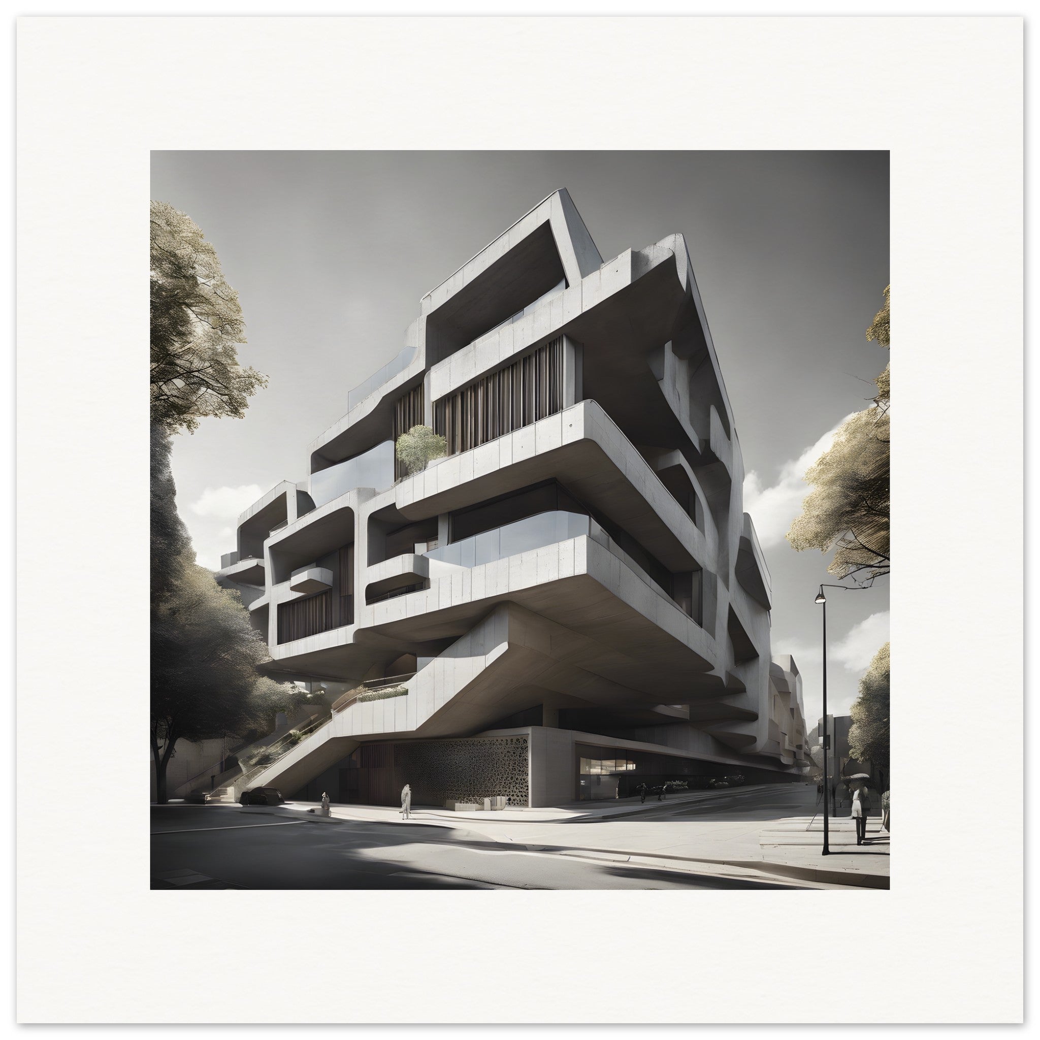 Poster im Stil des Spätmodernismus mit brutalistischer Architektur