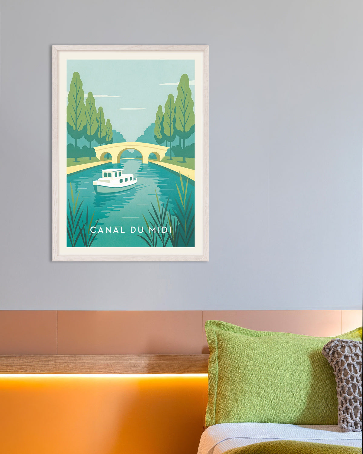 Poster Reiseposter zum Canal du Midi – Französischer Wasserweg mit weißem Holzrahmen