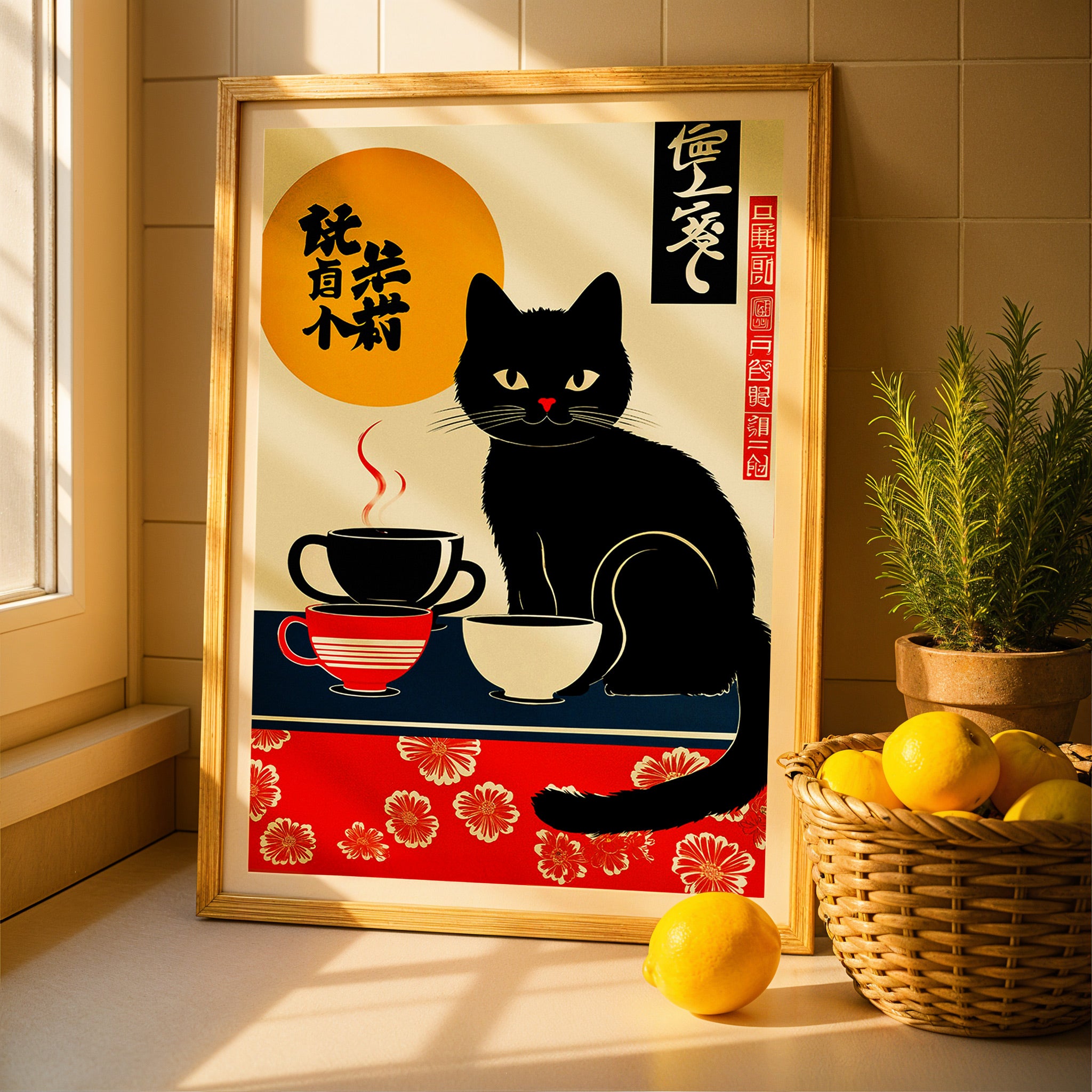 Japanisches poster mit Katze und mehreren Kaffeebechern