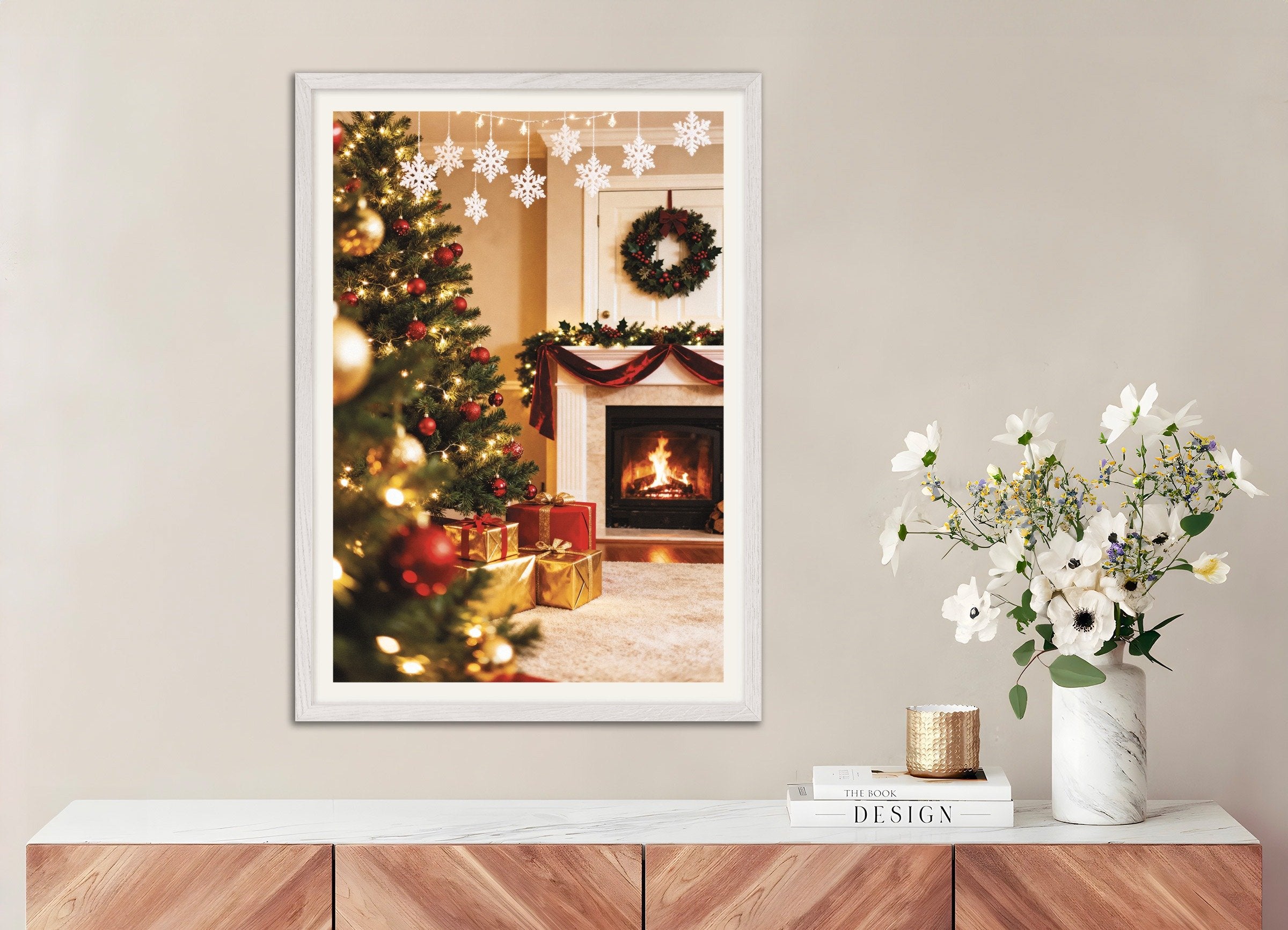 Poster of Christmas living room with fireplace poster, with white wooden frame