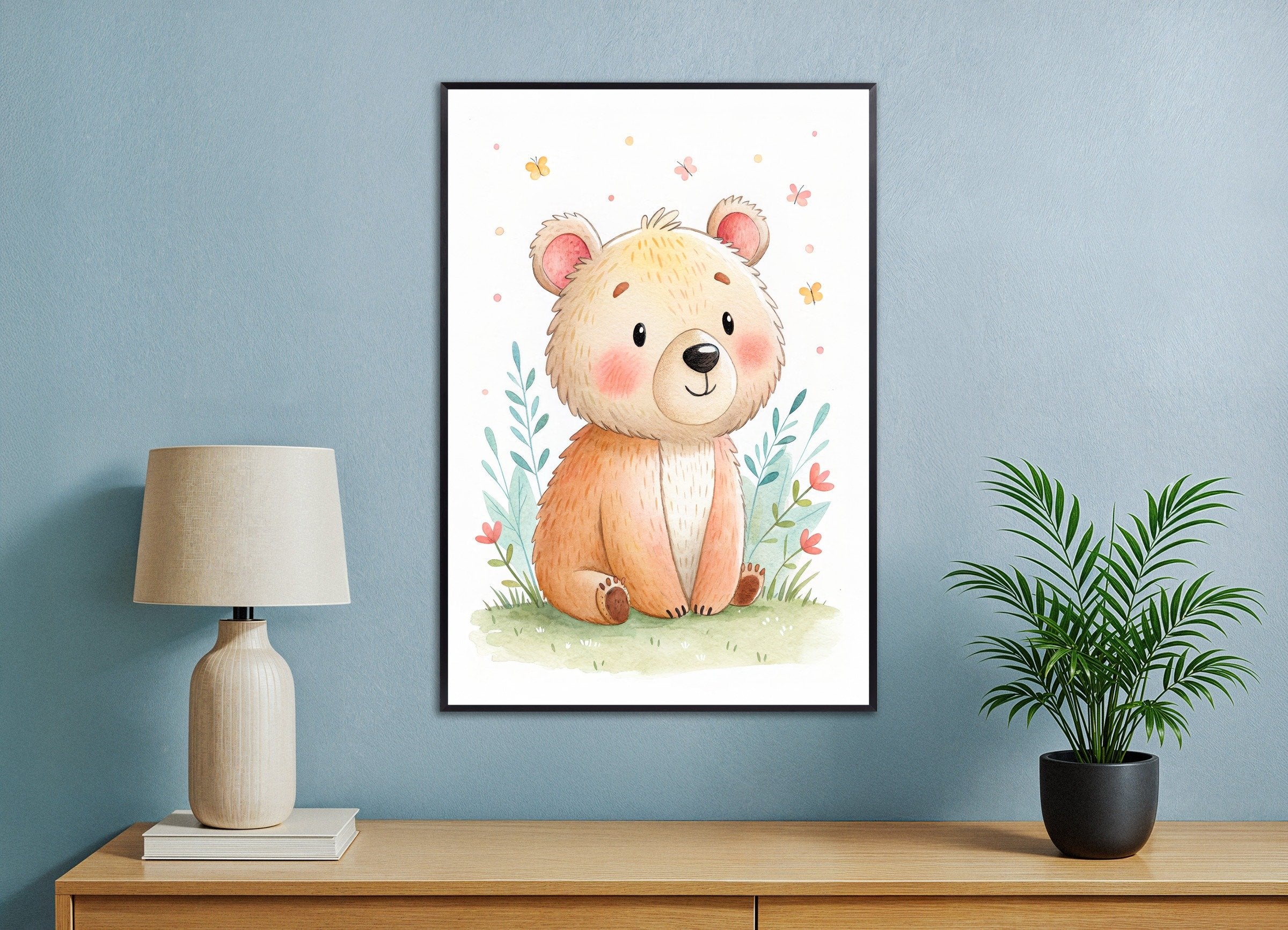 Poster of Cute Bear Poster - Nursery Wall Art with Butterflies, with metal frame