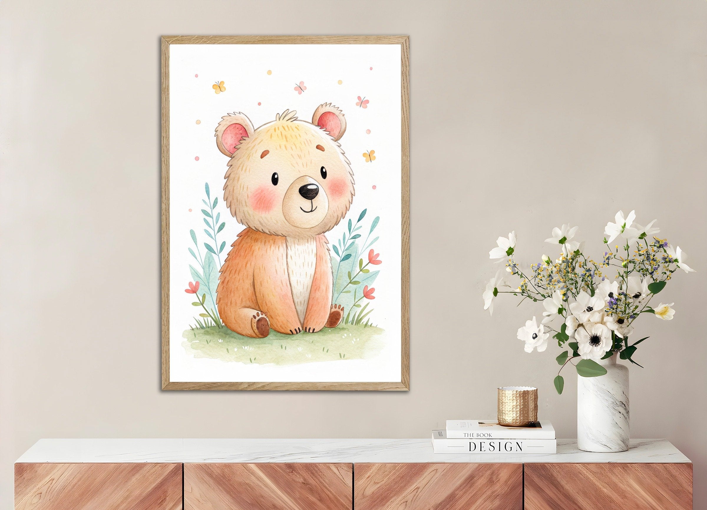 Poster of Cute Bear Poster - Nursery Wall Art with Butterflies, with natural wooden frame