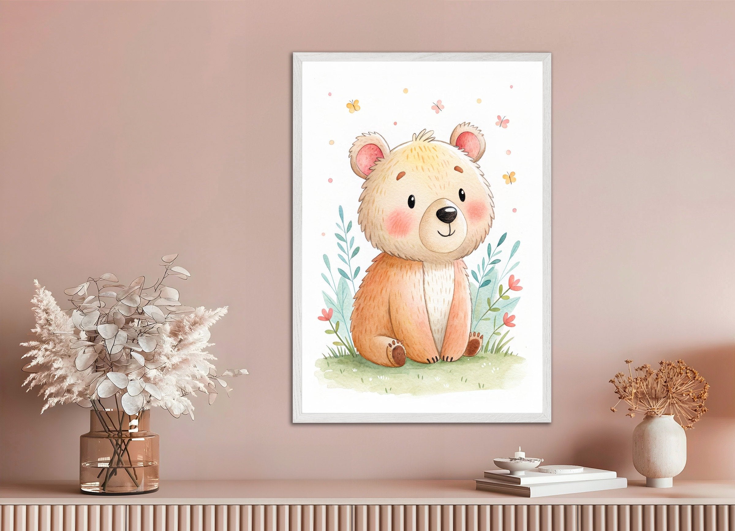 Poster of Cute Bear Poster - Nursery Wall Art with Butterflies, with white wooden frame