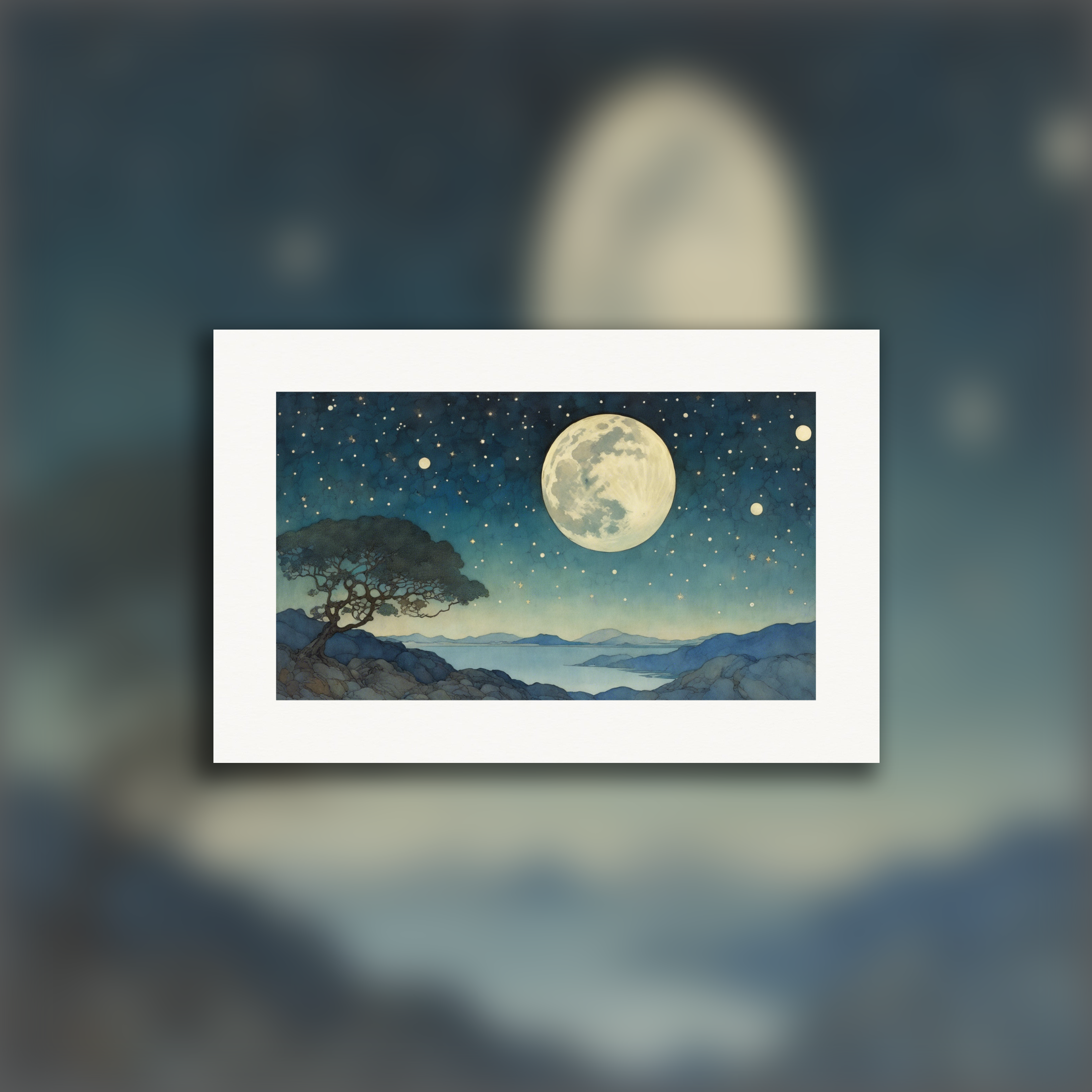 Wunderschöne Grafik mit Mond und funkelndem Sternenhimmel – poster