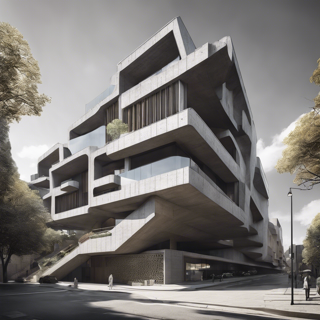 Poster im Stil des Spätmodernismus mit brutalistischer Architektur