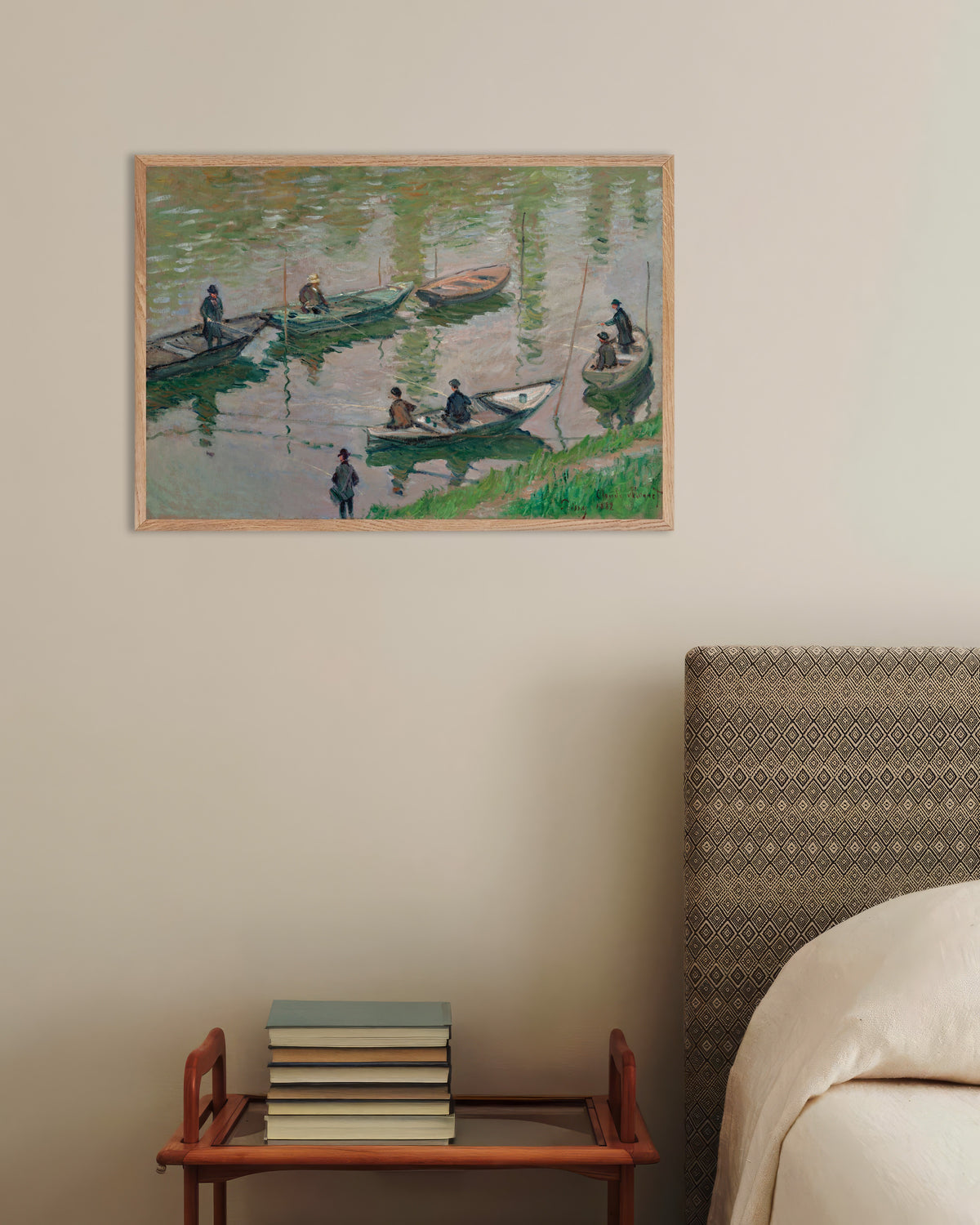 Poster Angler an der Seine bei Poissy (1882) von Claude Monet mit naturfarbenem Holzrahmen