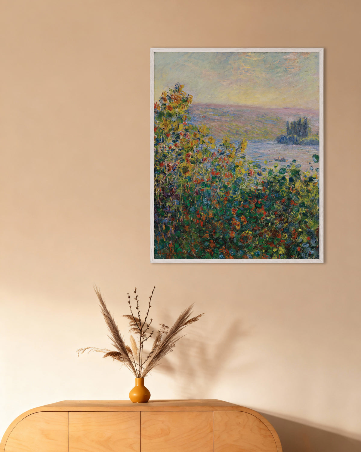 Poster Blumenbeete in Vétheuil (1881) von Claude Monet mit weißem Holzrahmen