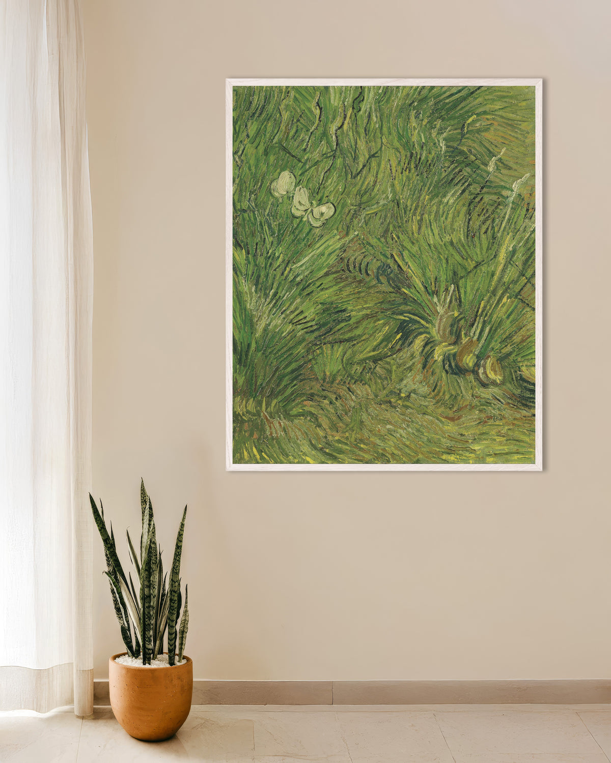Poster „Garten mit Schmetterlingen (1889) von Vincent van Gogh“ mit weißem Holzrahmen