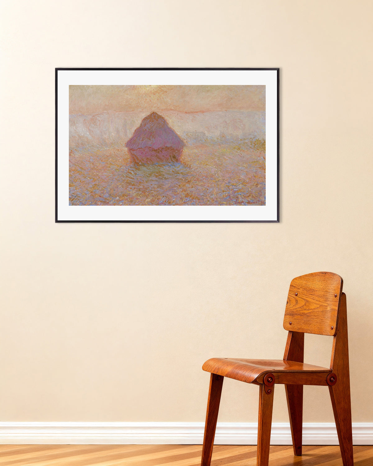 Poster Getreideschober, Sonne im Nebel (1891) von Claude Monet mit Metallrahmen