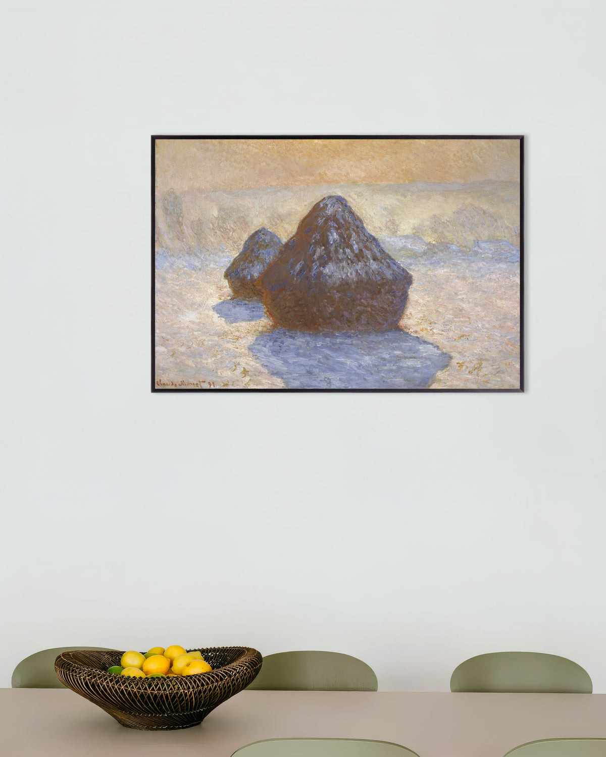 Poster Getreideschober, Schneeeffekt (1891) von Claude Monet mit Metallrahmen