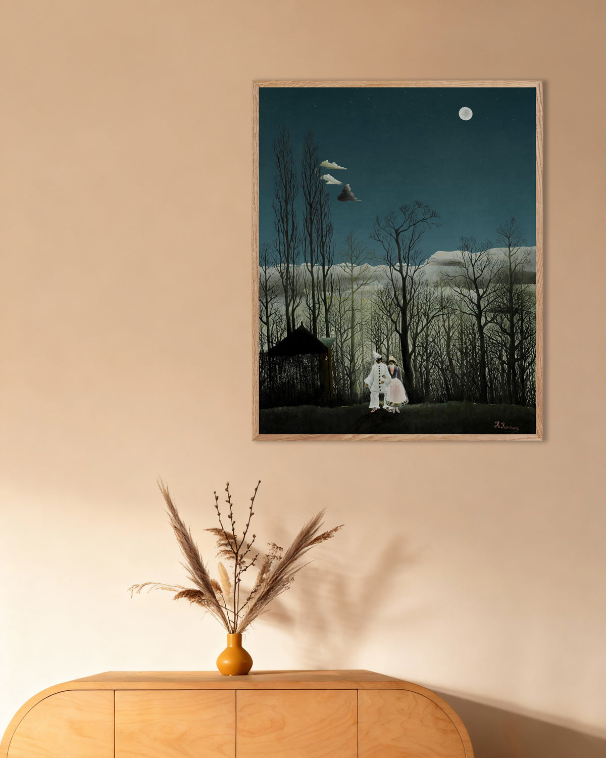 Poster von Henri Rousseau – Ein Karnevalsabend (Detail) mit naturbelassenem Holzrahmen