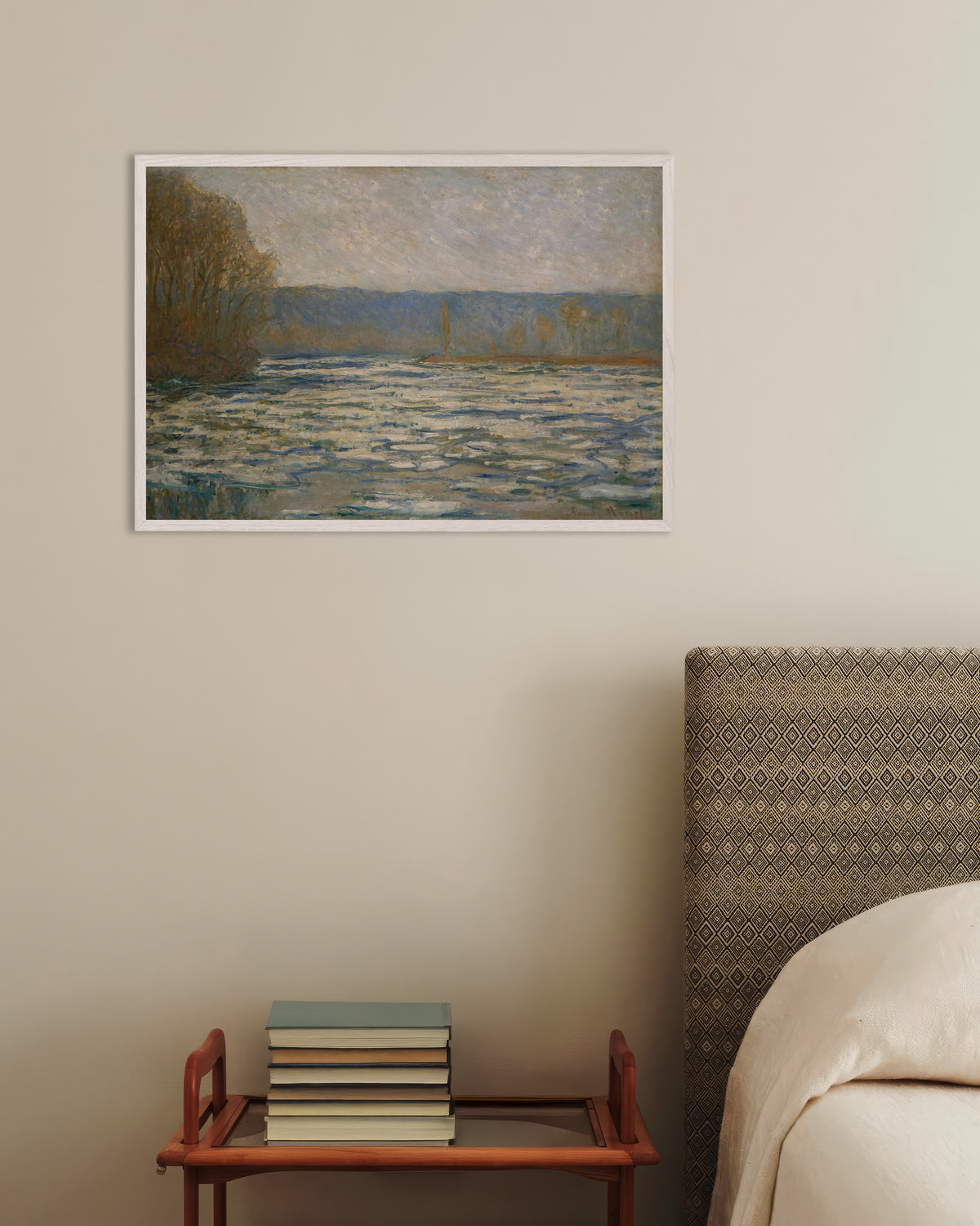 Poster Eisgang auf der Seine bei Bennecourt (1893) von Claude Monet mit weißem Holzrahmen