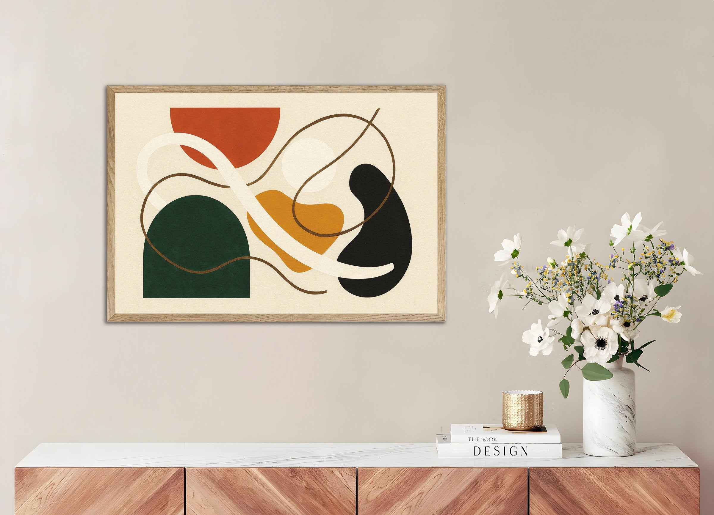 Poster of Inflections 03 – abstract composition with bold forms, with natural wooden frame