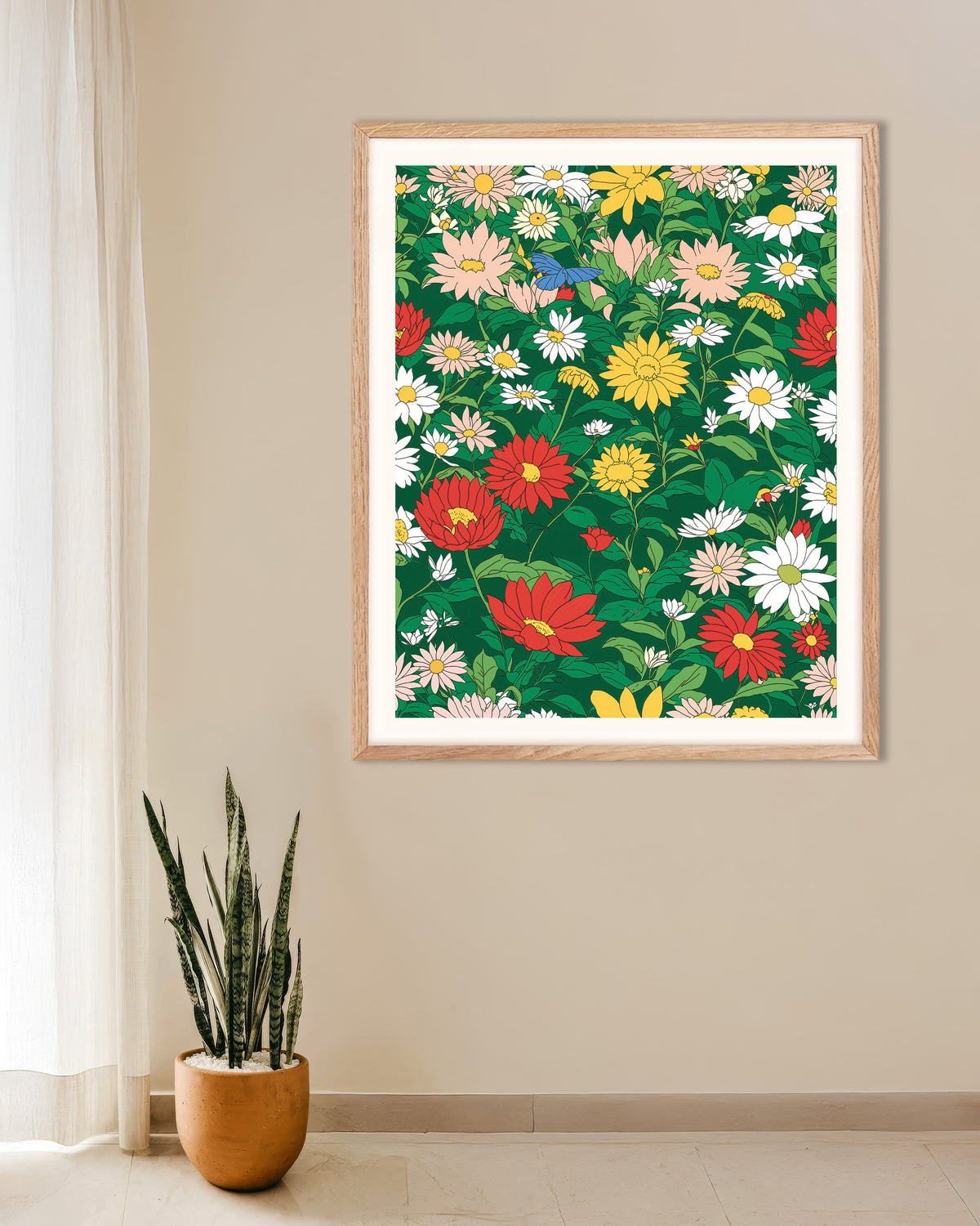 Poster mit japanischem Animationsstudio, Blumen, mit naturfarbenem Holzrahmen