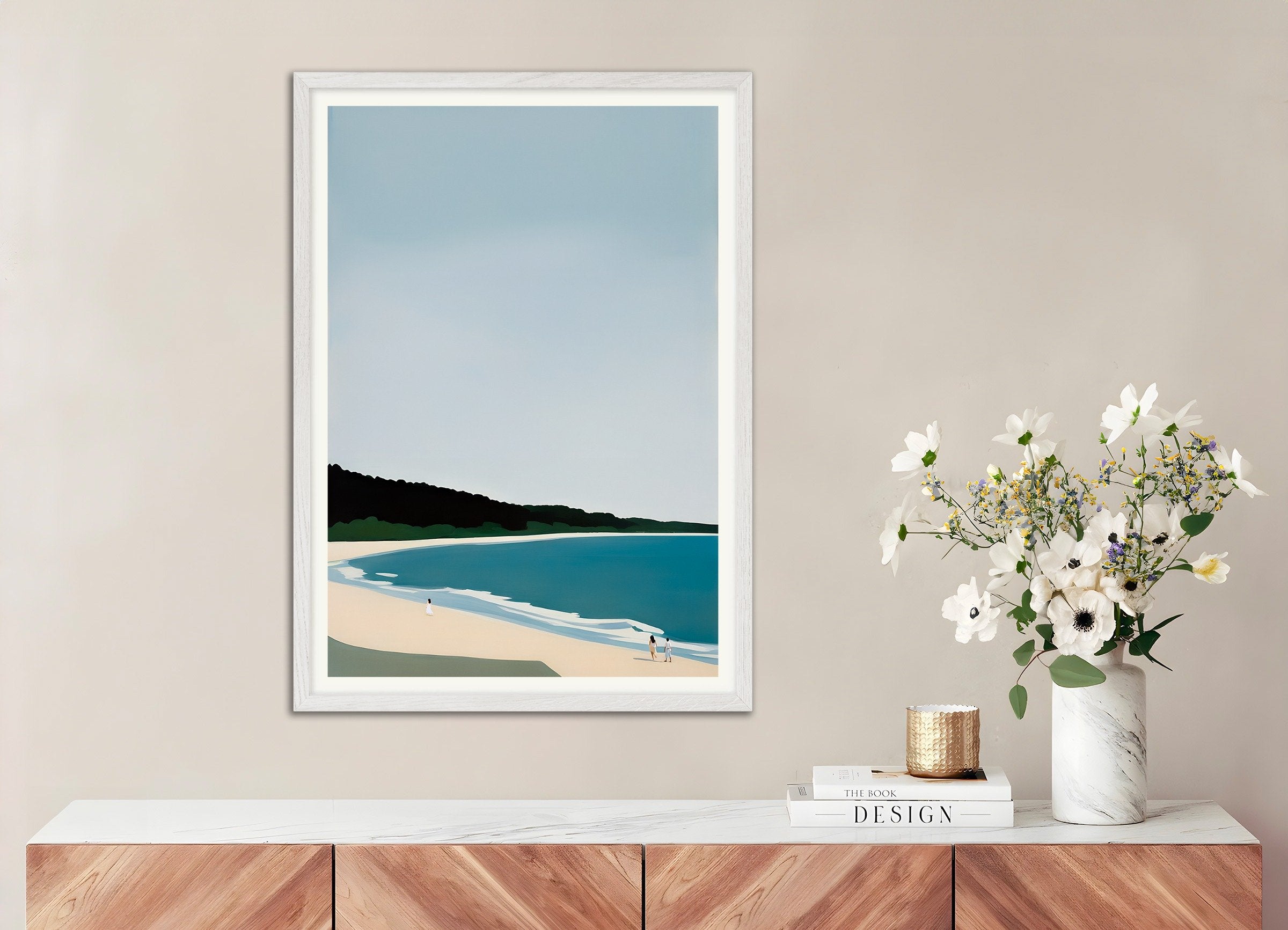 Poster of Joy on the Beach - Coastal Landscape Art Print, with white wooden frame