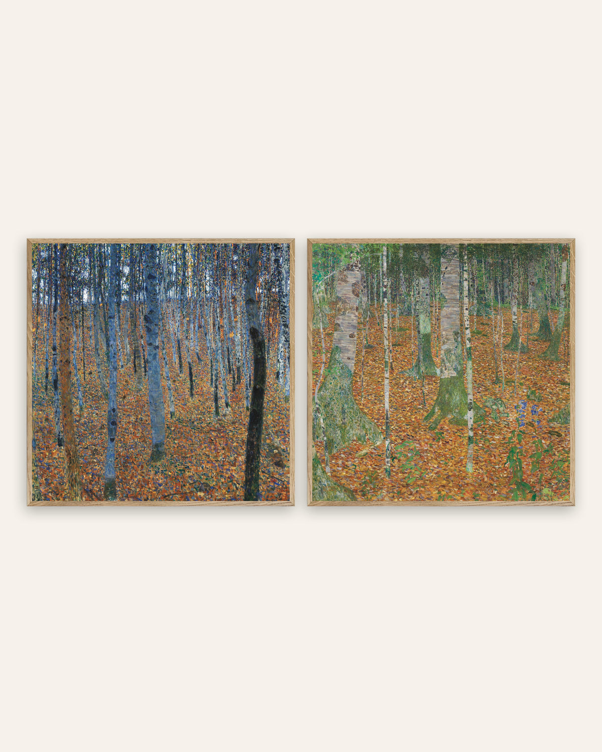 Klimt Poster 2er-Set: Buchenwald I und Birkenwald, in Rahmen aus Natureiche