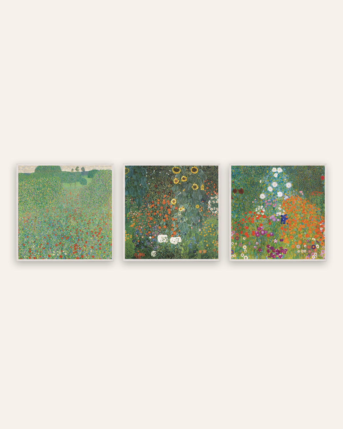 Klimt Poster 3er-Set: Mohnwiese, Bauerngarten mit Sonnenblumen und Bauerngarten, in weißen Eichenrahmen