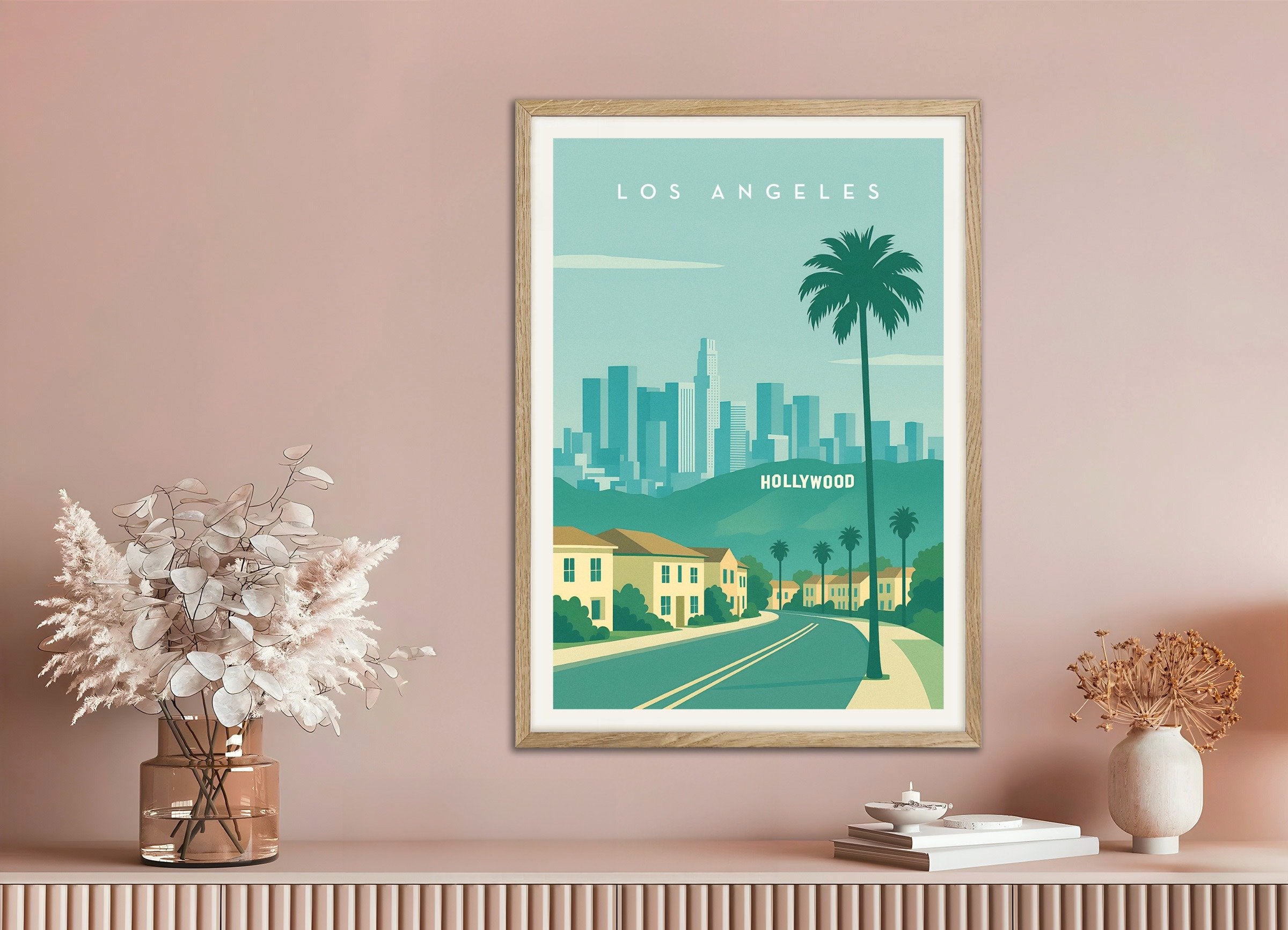 Poster of Los Angeles Hollywood Wall Art Print, with natural wooden frame