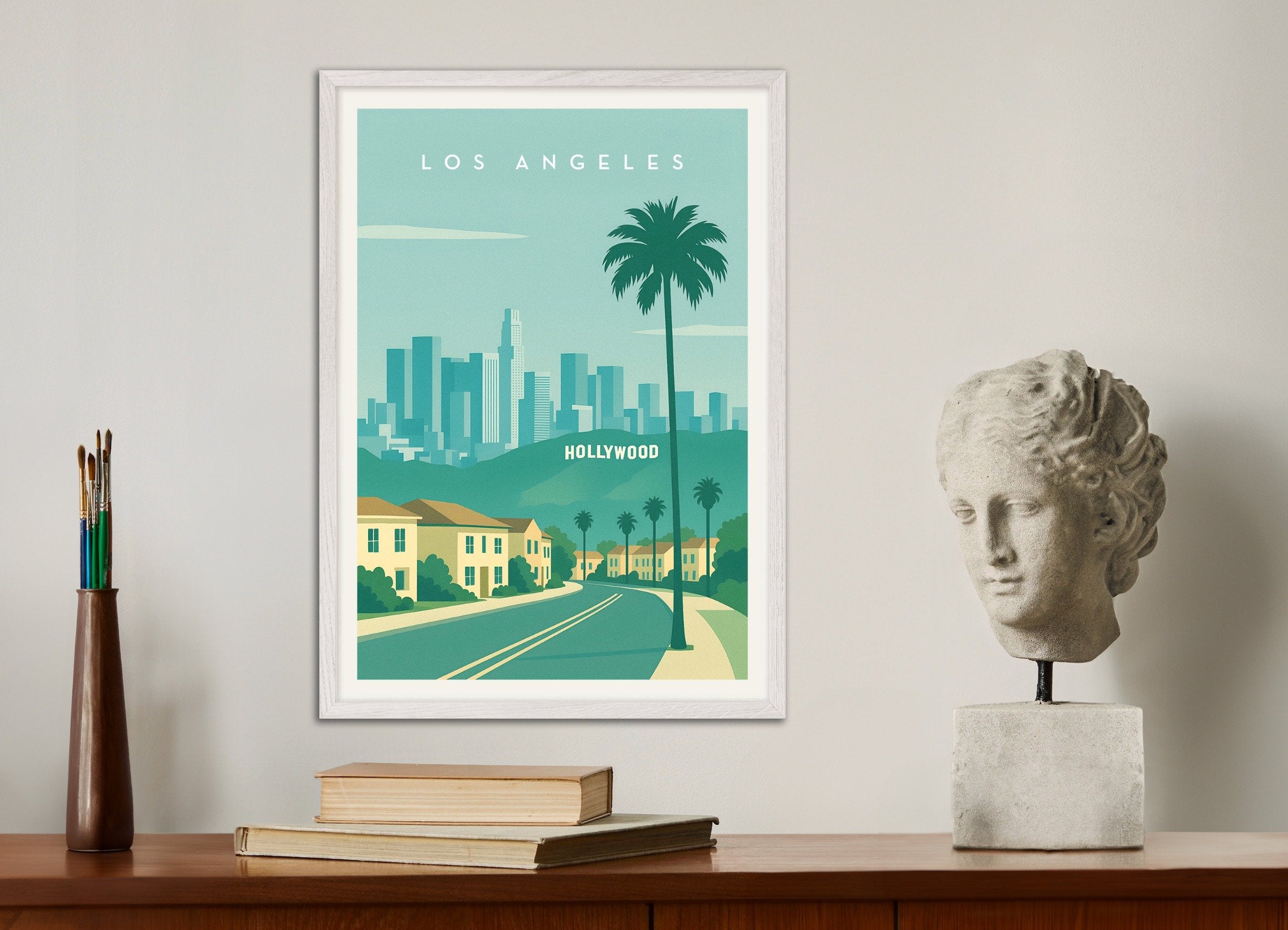 Poster of Los Angeles Hollywood Wall Art Print, with white wooden frame