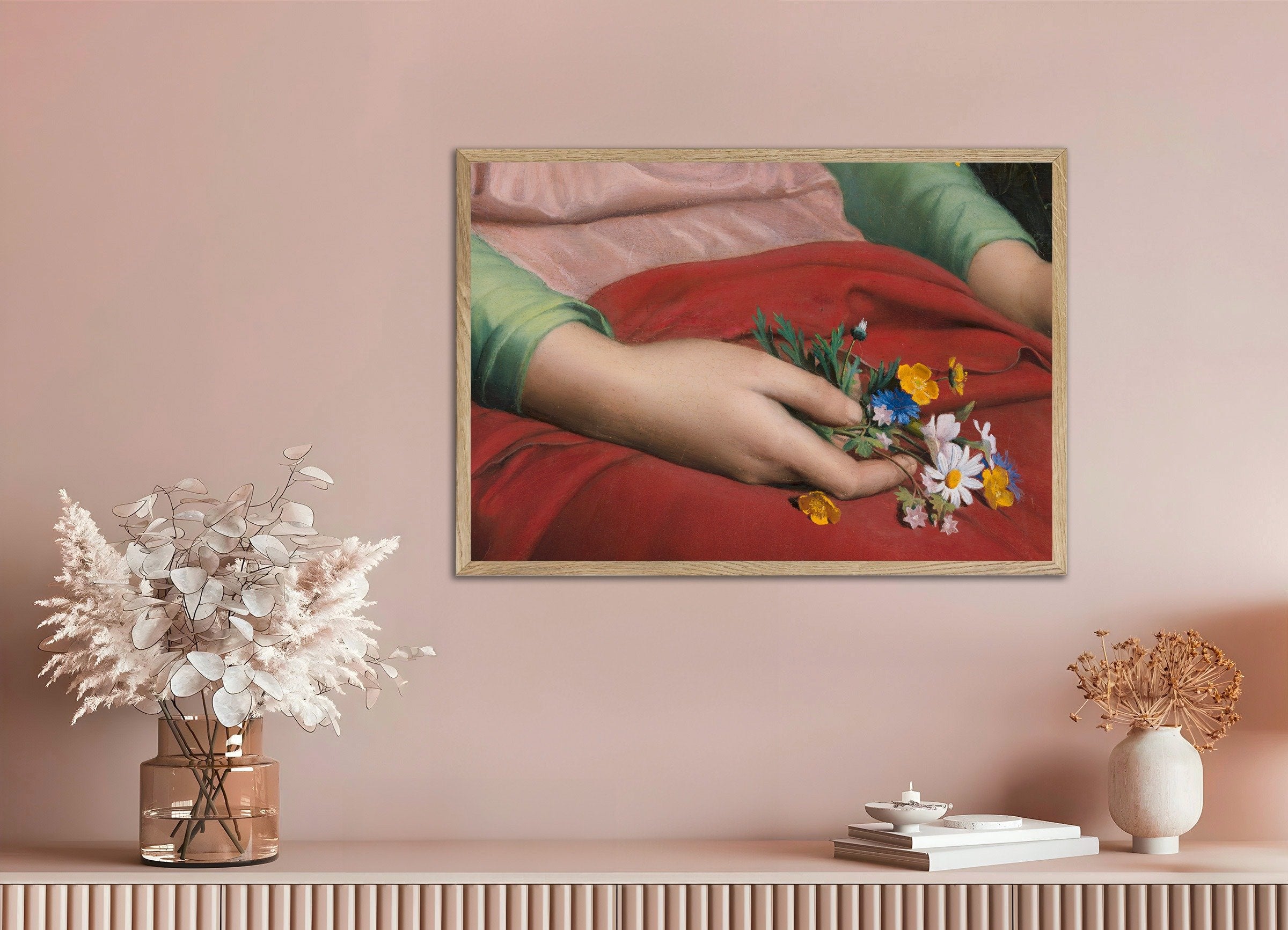 Poster of Louis Janmot "Fleur des Champs" Hands Detail - Wildflower Bouquet Art, with natural wooden frame