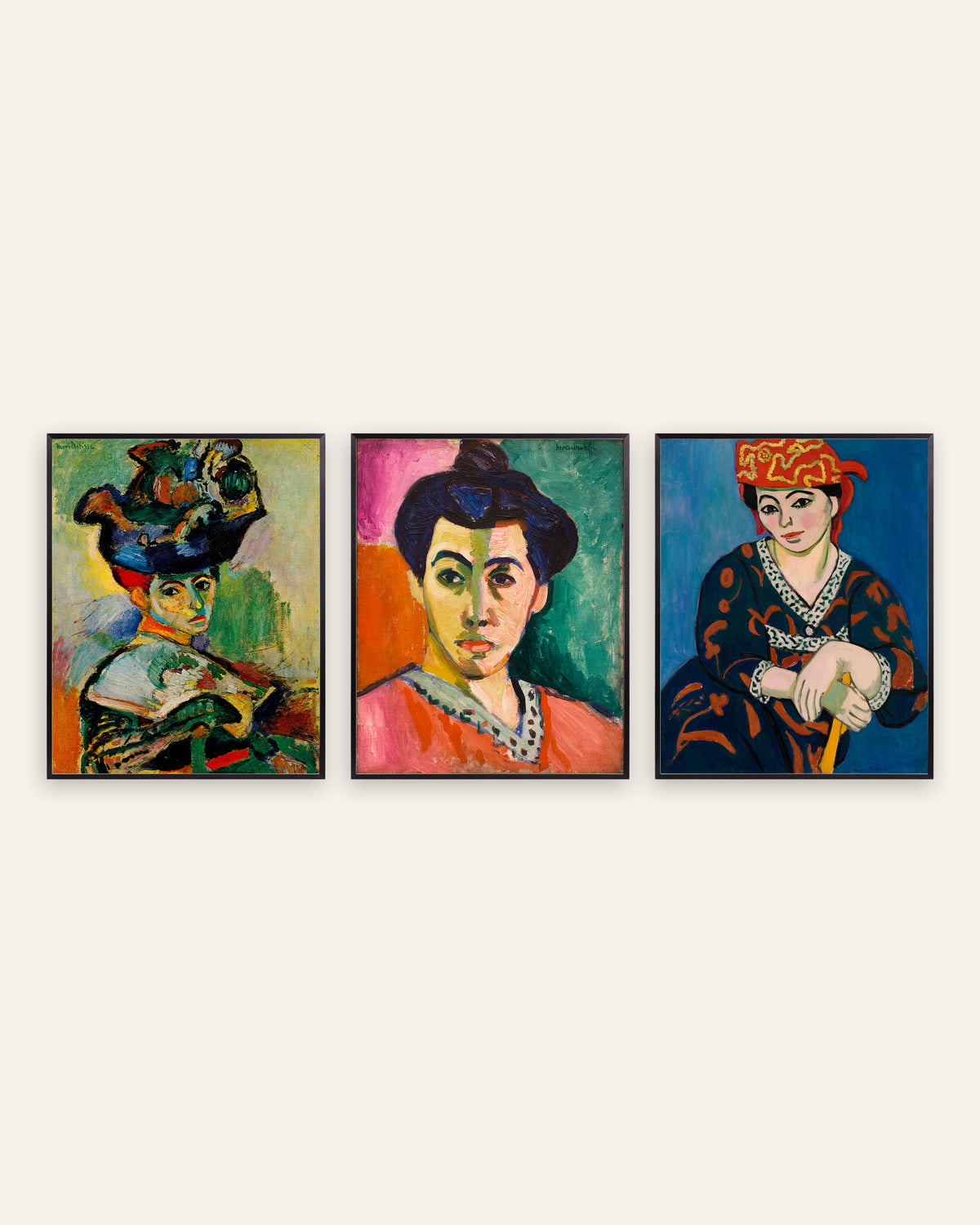 Matisse Poster 3er-Set Fauvismus-Porträts: Frau mit Hut, Madame Matisse und Roter Madras-Kopfschmuck, in schwarzen Metallrahmen