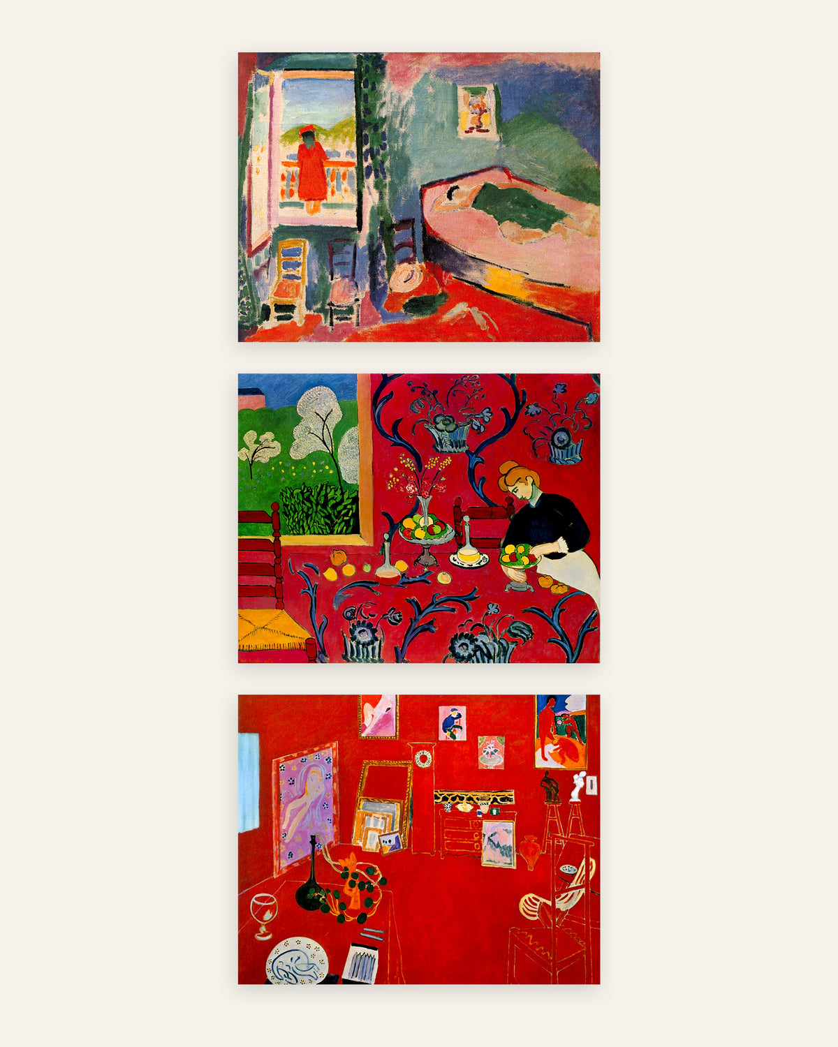 Matisse Poster 3er-Set: Interieur in Collioure, Harmonie in Rot und Das rote Atelier, ohne Rahmen