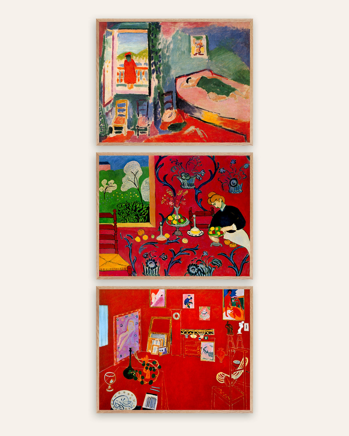 Matisse Poster 3er-Set: Interieur in Collioure, Harmonie in Rot und Das rote Atelier, in Rahmen aus Natureiche