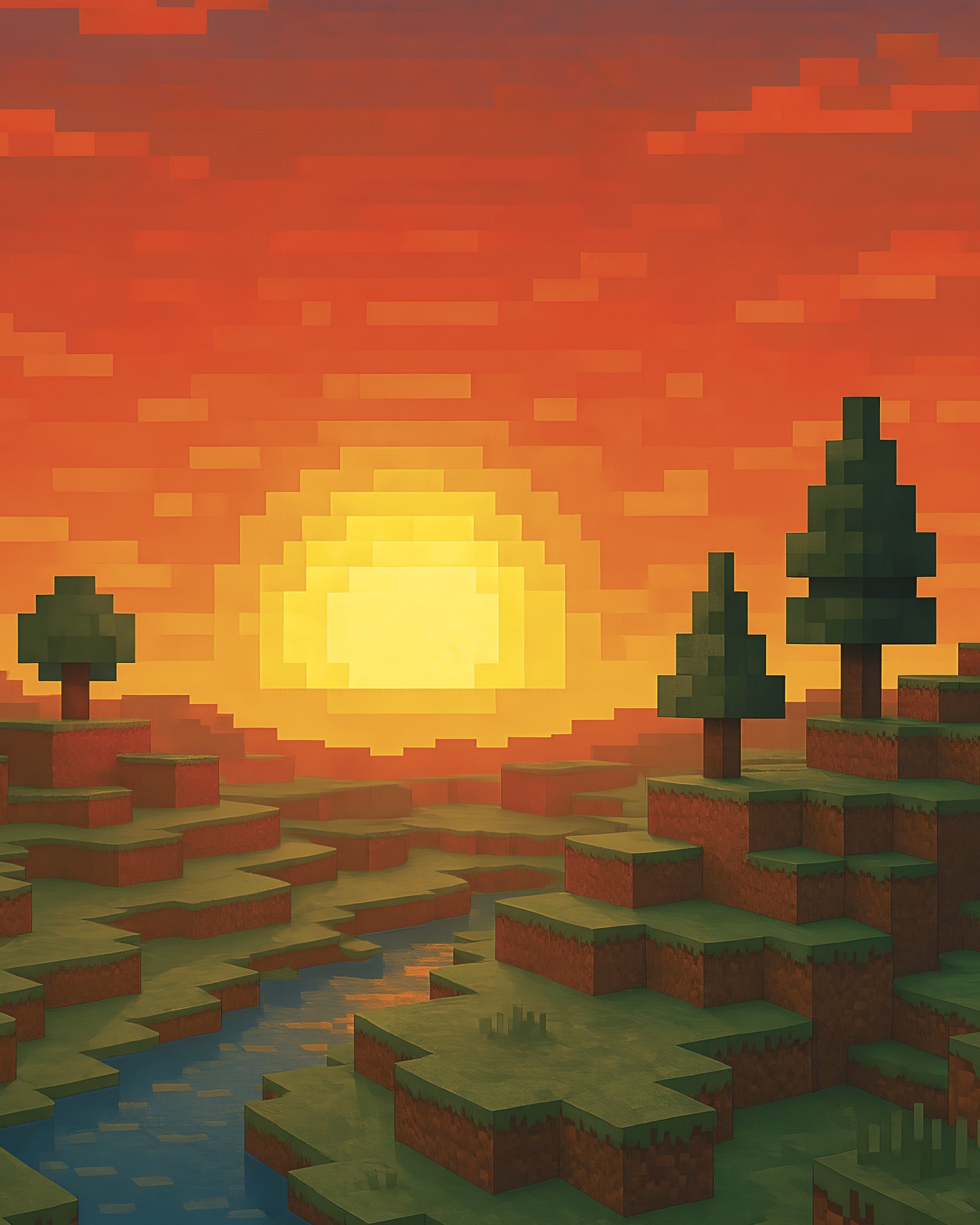 Minecraft Sonnenuntergang – Pixel-Art Fanposter mit Fluss und Bäumen
