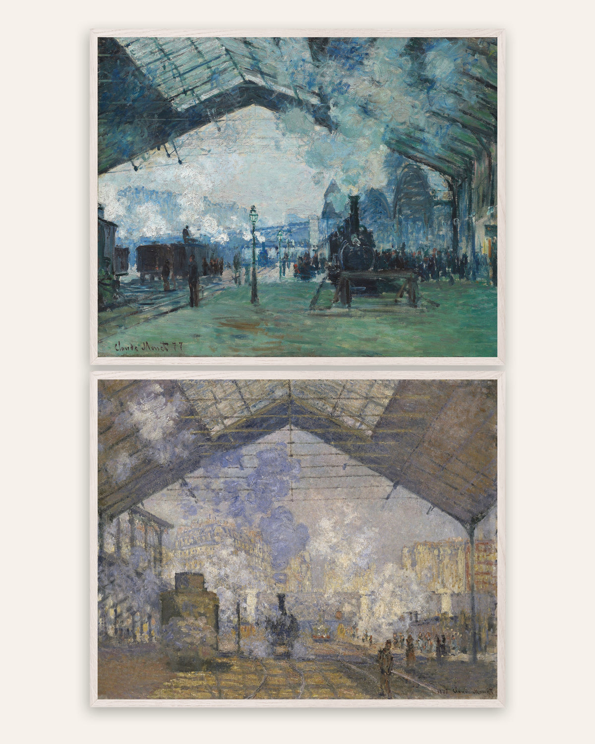 Monet Gare Saint-Lazare Poster 2er-Set: Dampf und Züge, in weißen Eichenrahmen
