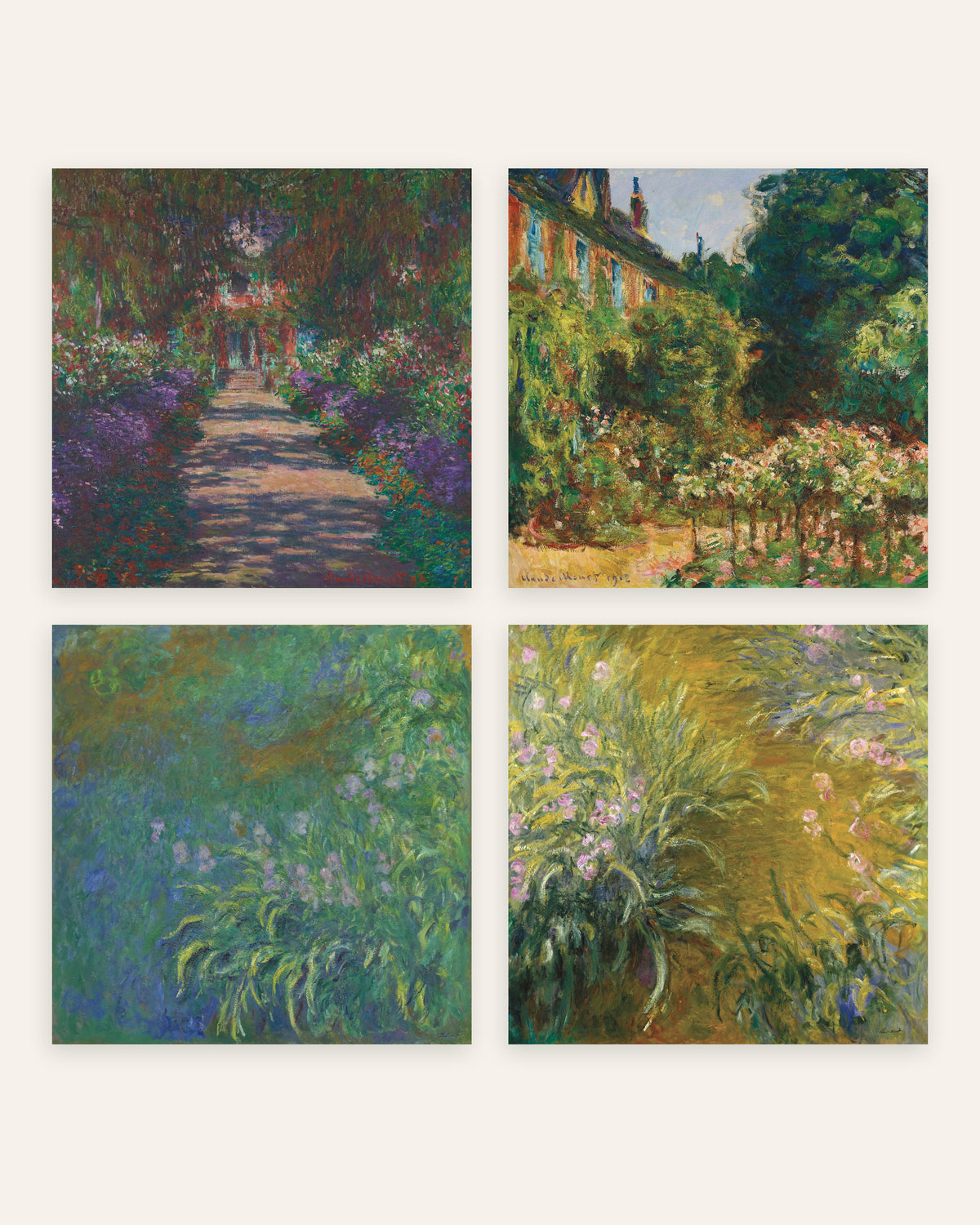 Monet Garten von Giverny Poster 4er-Set: Allee, Haus und Schwertlilien, ohne Rahmen