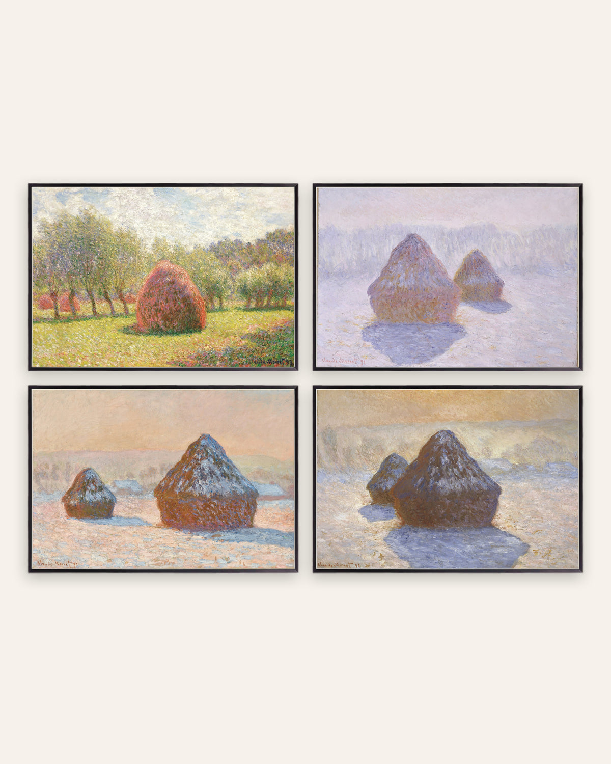 Monet Getreideschober Poster 4er-Set: vom Sommer bis zum Schnee, in schwarzen Metallrahmen