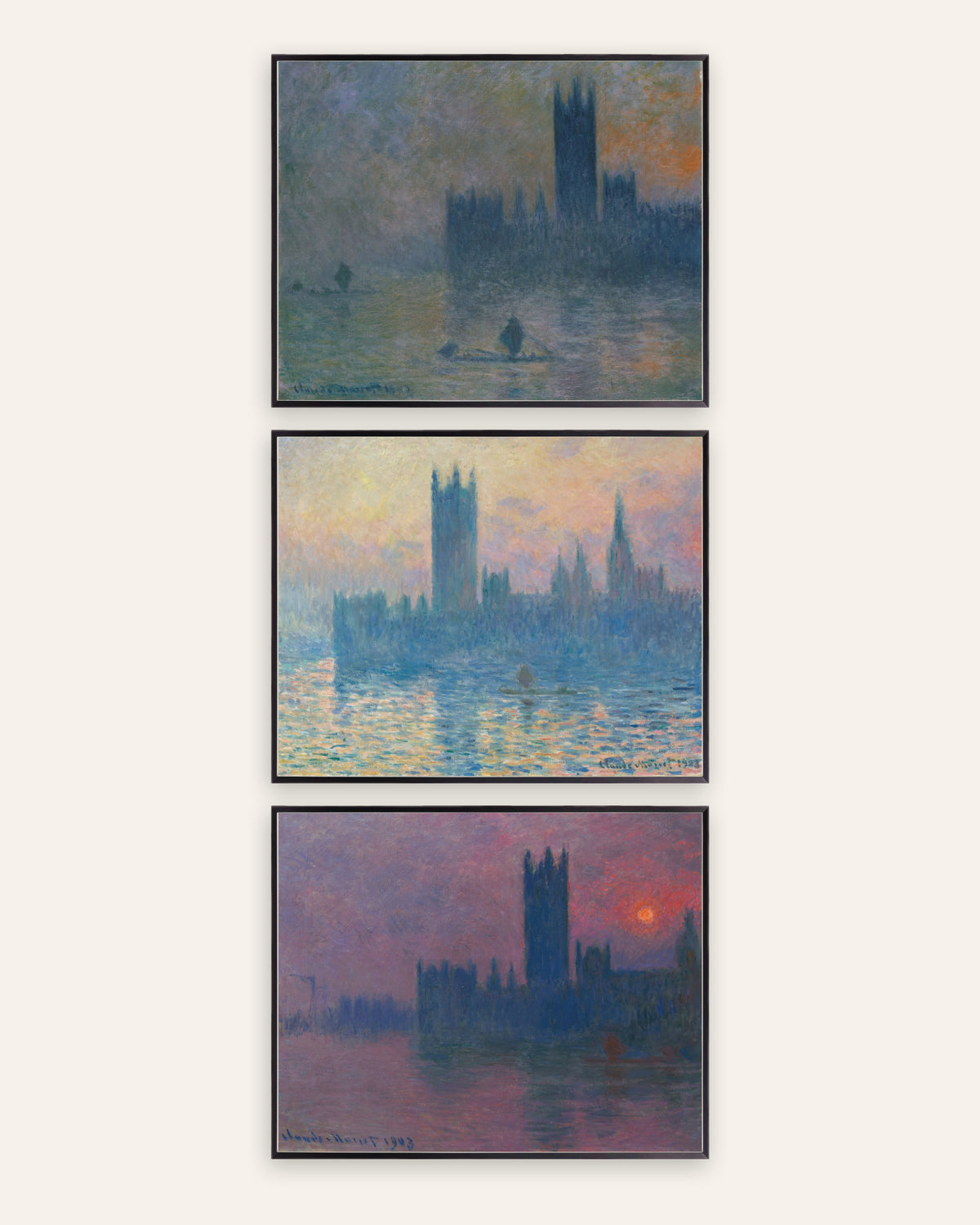 Monet Parlament London Poster 3er-Set: Nebel und Sonnenuntergang, in schwarzen Metallrahmen