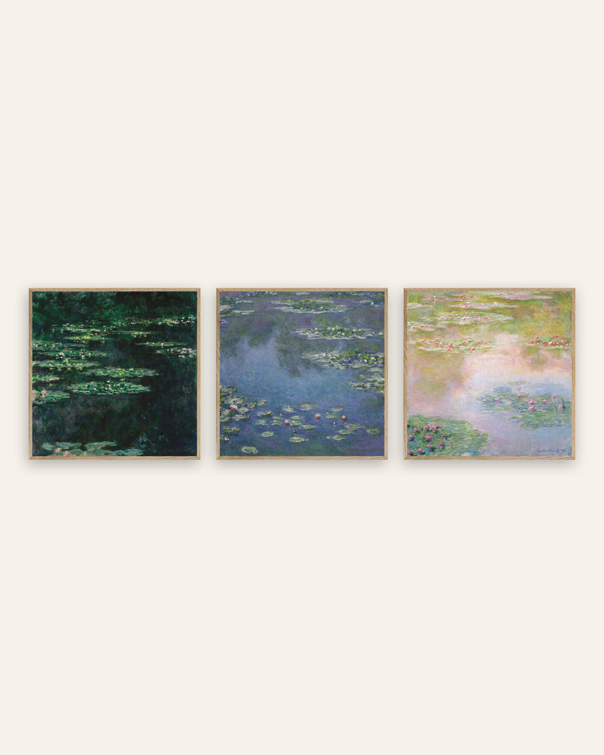 Monet Seerosen Poster 3er-Set: quadratische Ansichten des Teichs, in Rahmen aus Natureiche