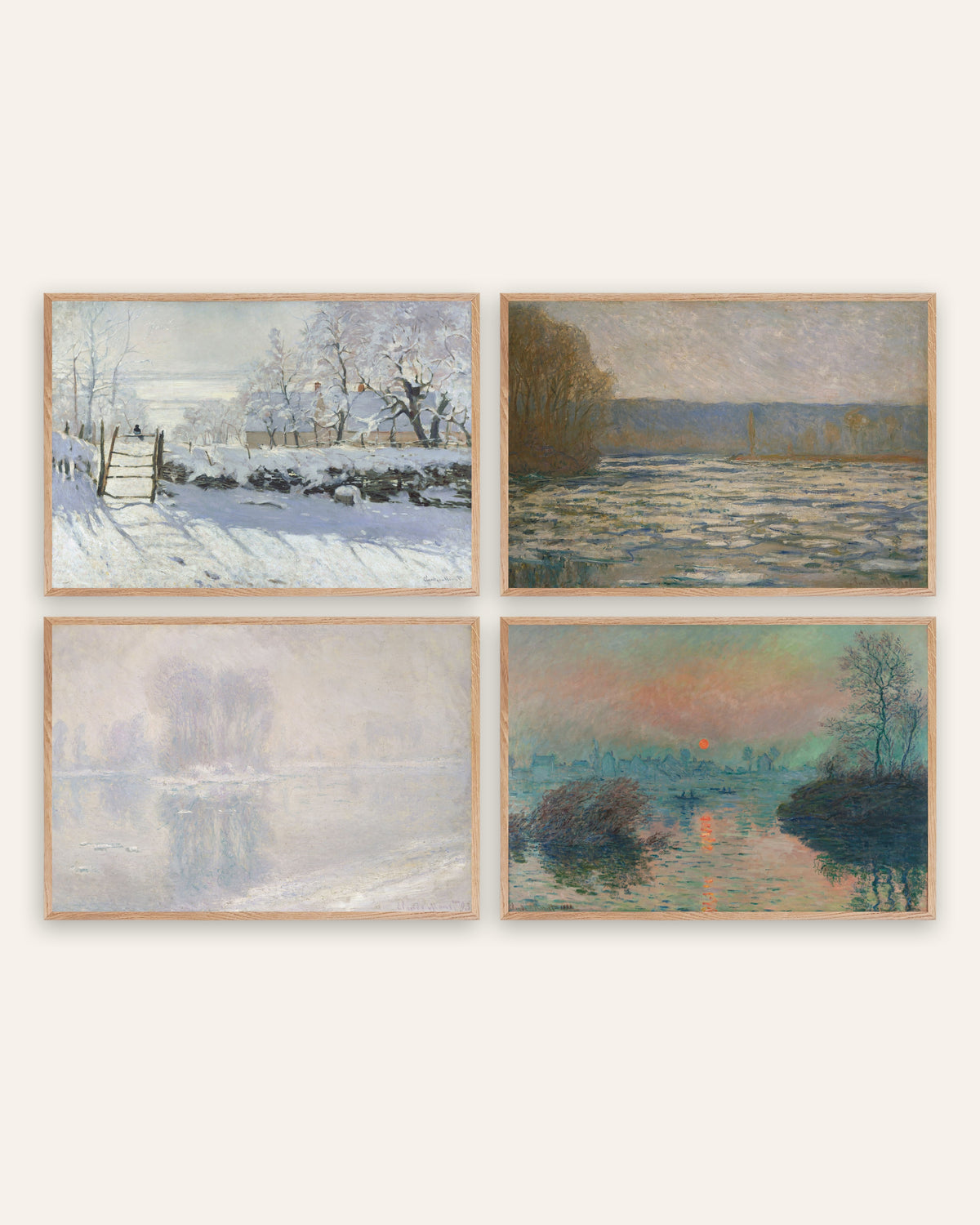 Monet Winter Poster 4er-Set: Die Elster, Eis und Wintersonne, in Rahmen aus Natureiche