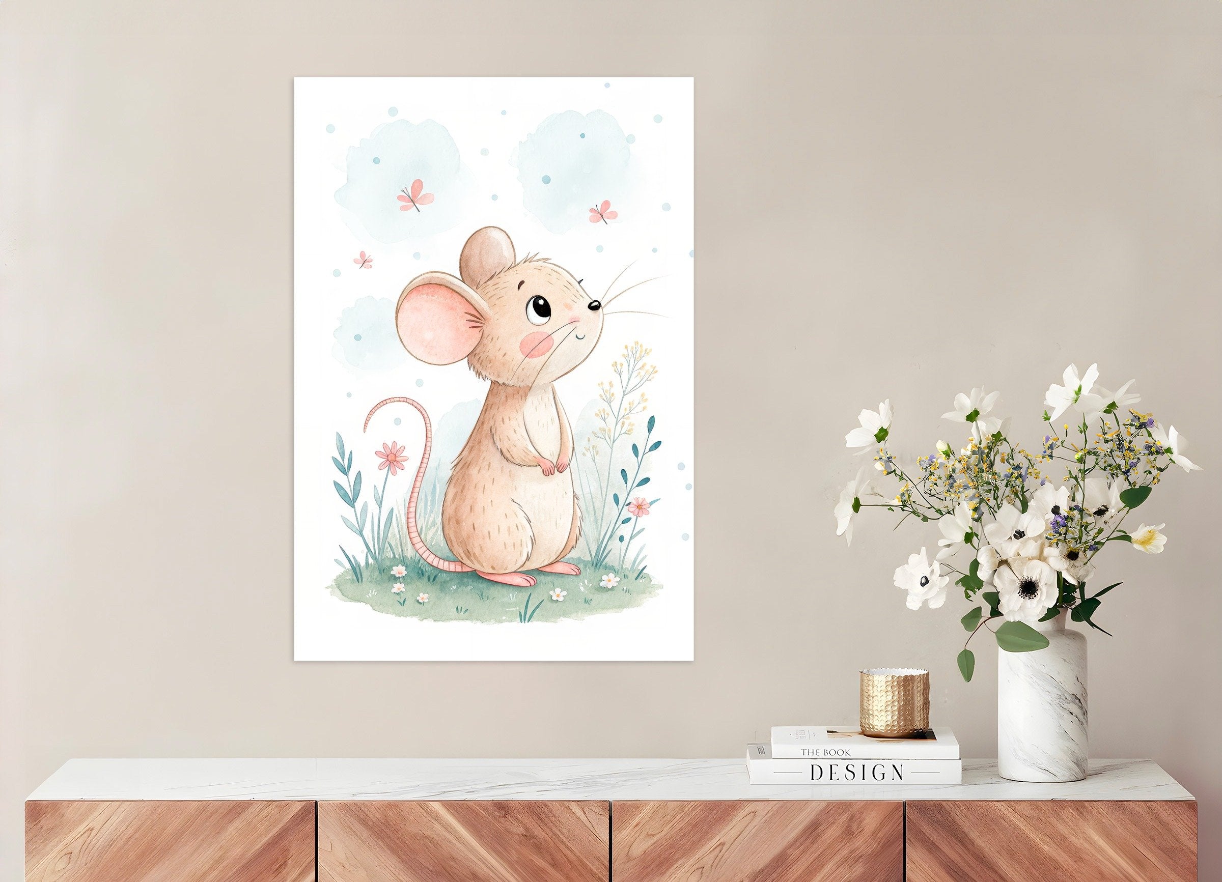 Poster of Mouse Poster - Cute Nursery Wall Art with Flowers
